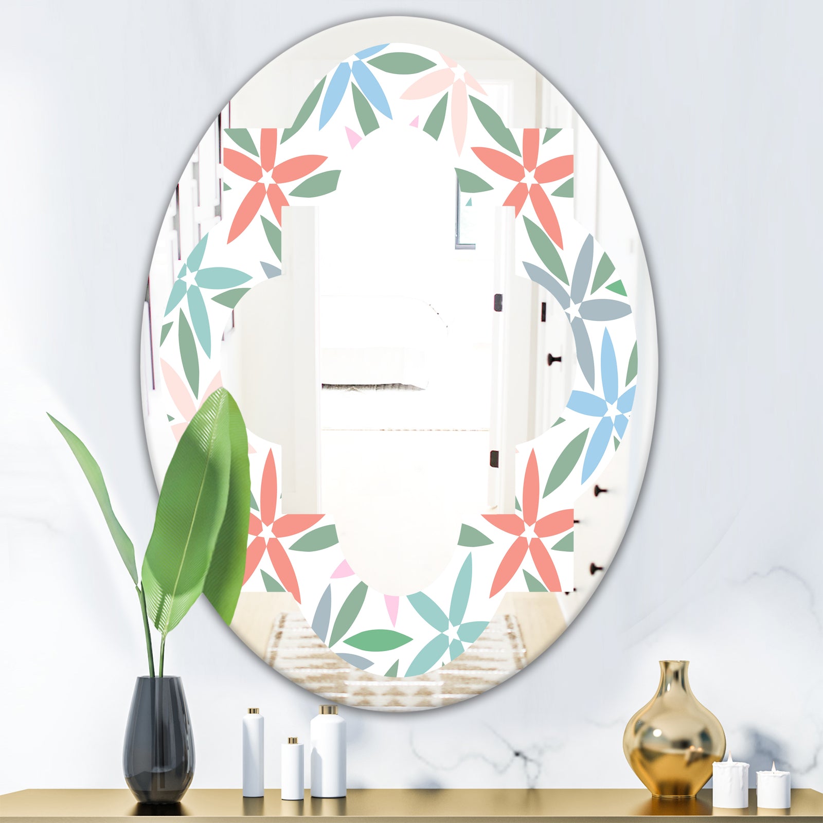 Retro Abstract Flower Design III - Modern Round or Oval Wall Mirror - Quatrefoil