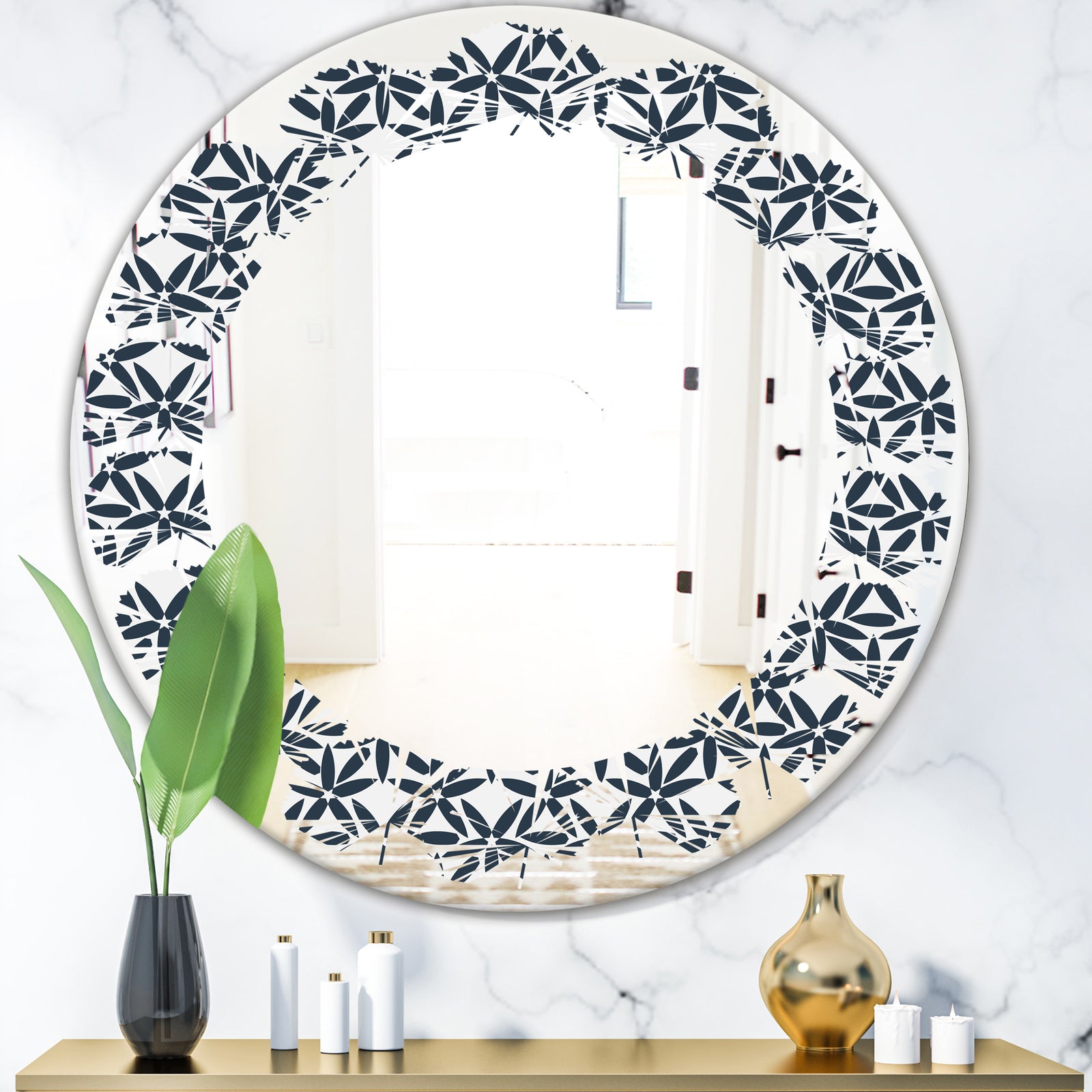Retro Abstract Flower Design IV - Modern Round or Oval Wall Mirror - Leaves