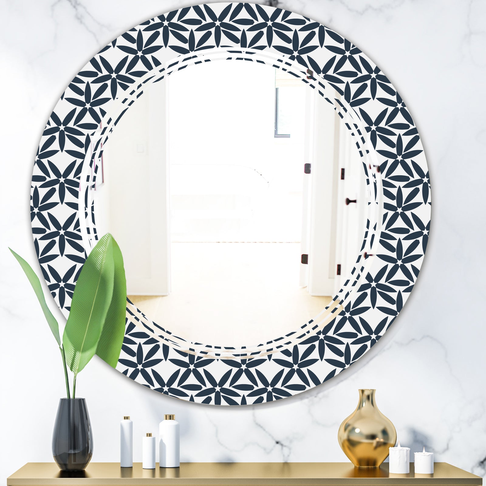 Retro Abstract Flower Design IV - Modern Round or Oval Wall Mirror - Triple C