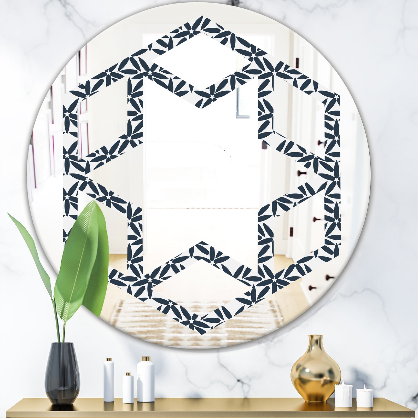 Retro Abstract Flower Design IV - Modern Round or Oval Wall Mirror - Hexagon Star