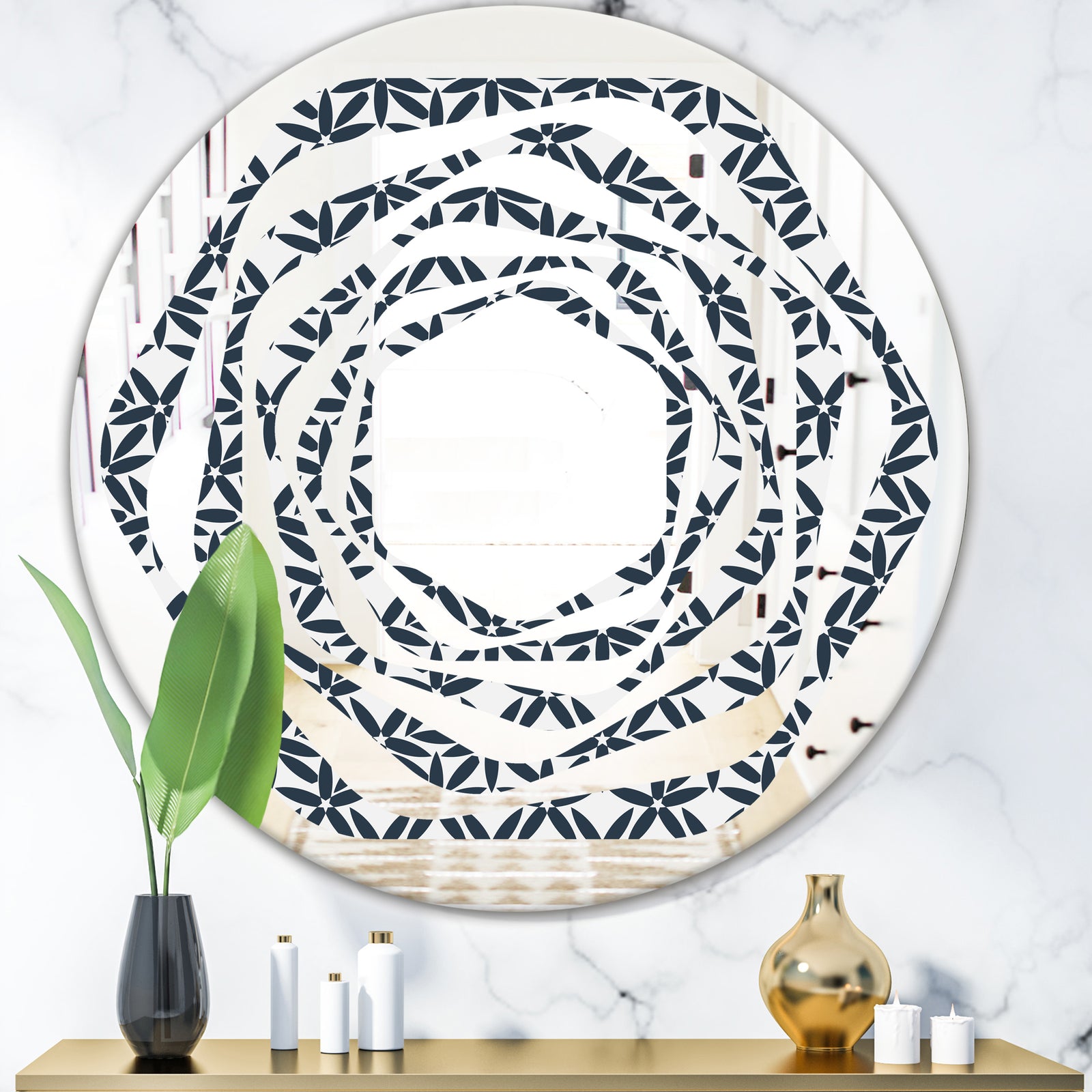 Retro Abstract Flower Design IV - Modern Round or Oval Wall Mirror - Whirl