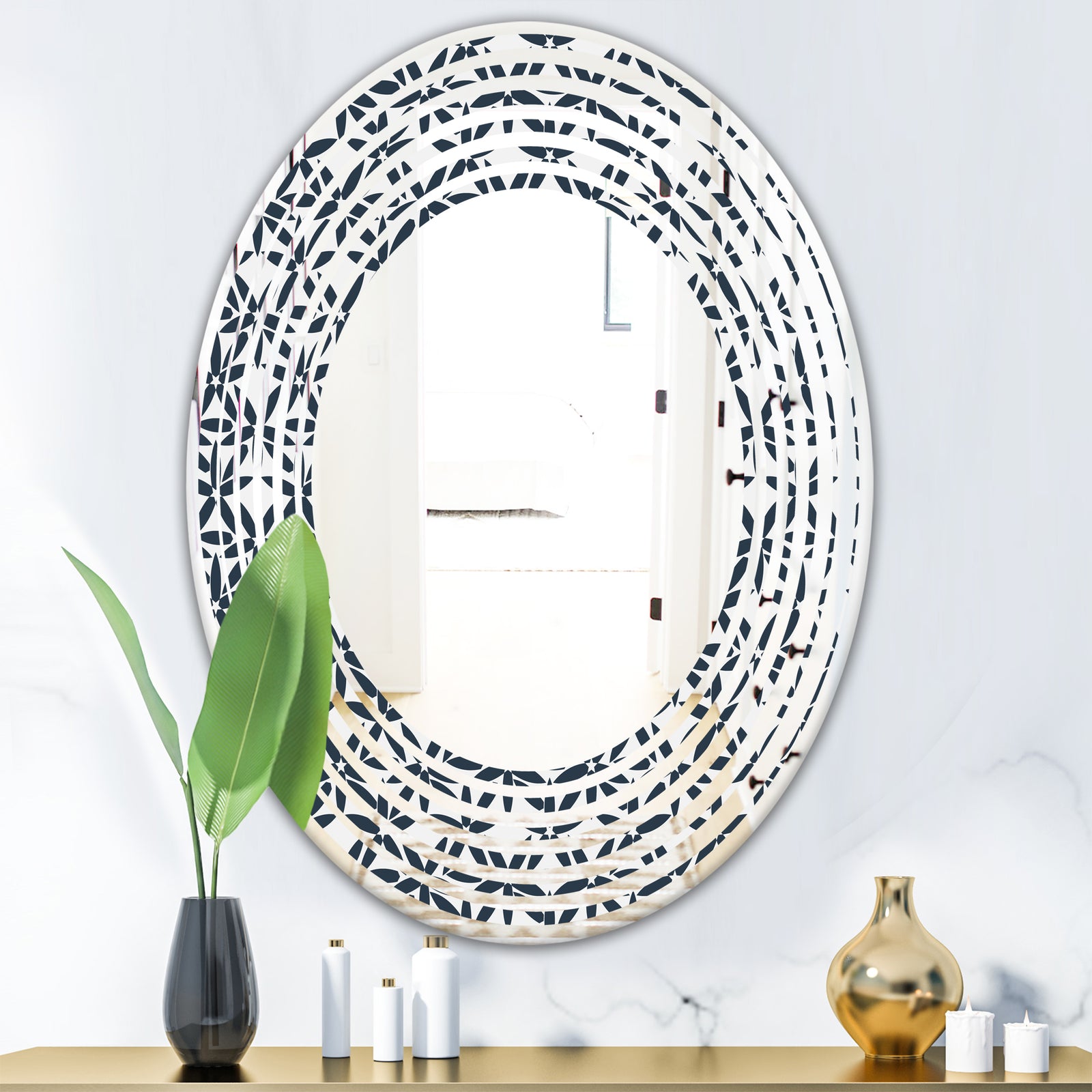 Retro Abstract Flower Design IV - Modern Round or Oval Wall Mirror - Wave