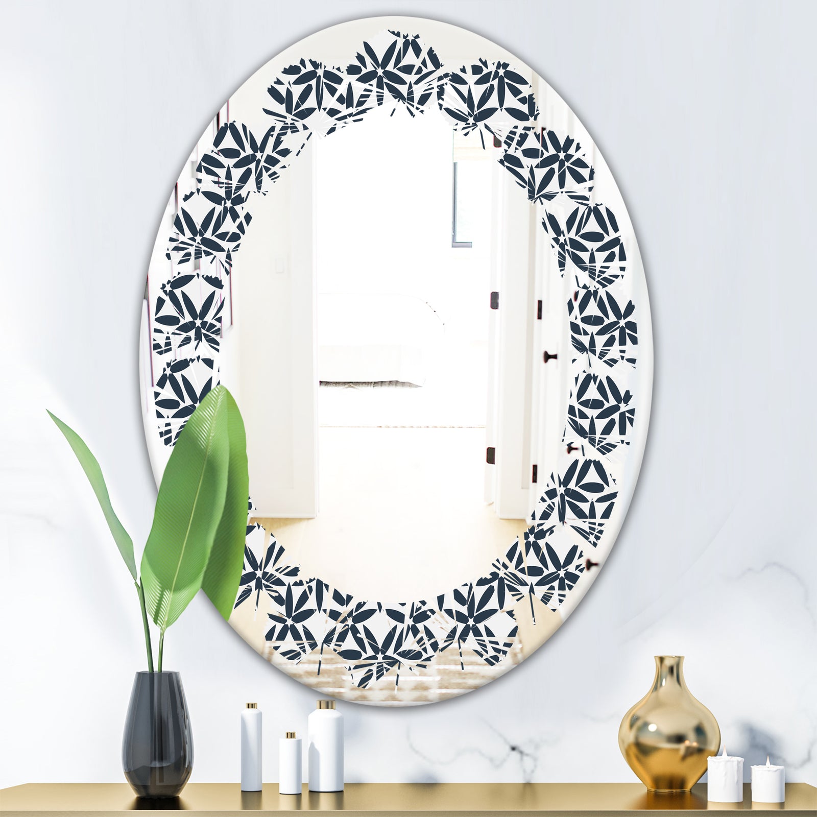 Retro Abstract Flower Design IV - Modern Round or Oval Wall Mirror - Leaves