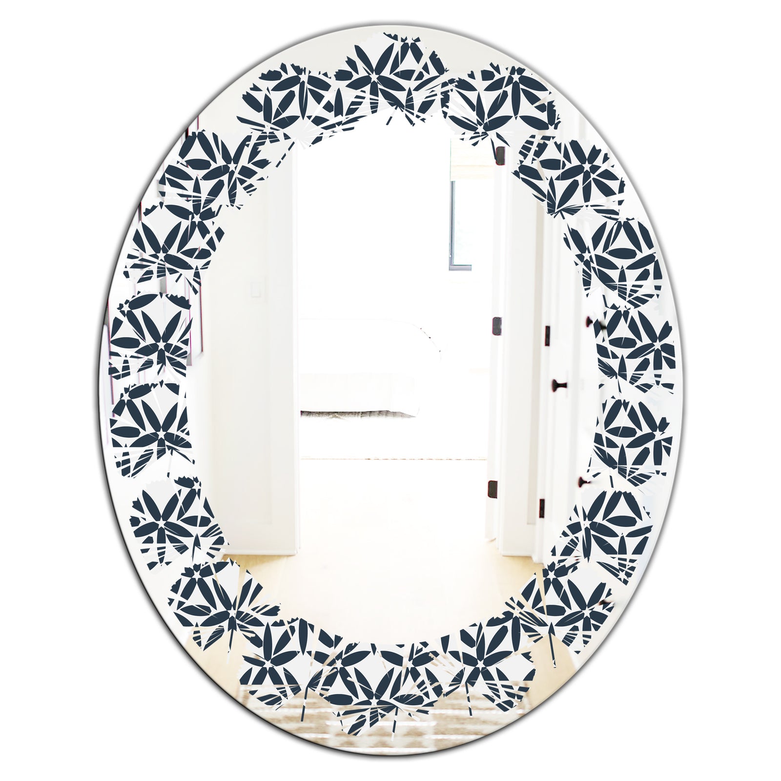 Retro Abstract Flower Design IV - Modern Round or Oval Wall Mirror - Leaves