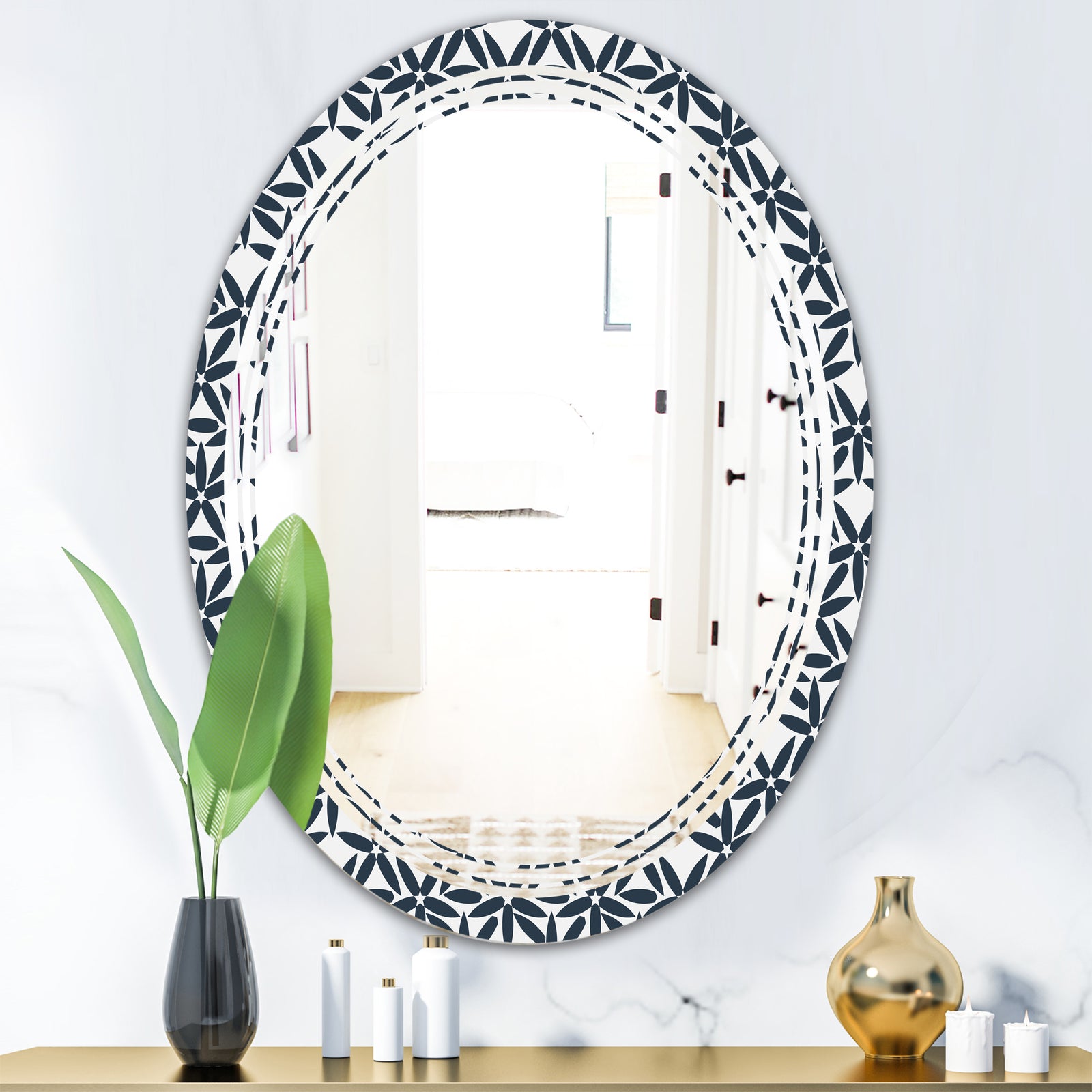 Retro Abstract Flower Design IV - Modern Round or Oval Wall Mirror - Triple C
