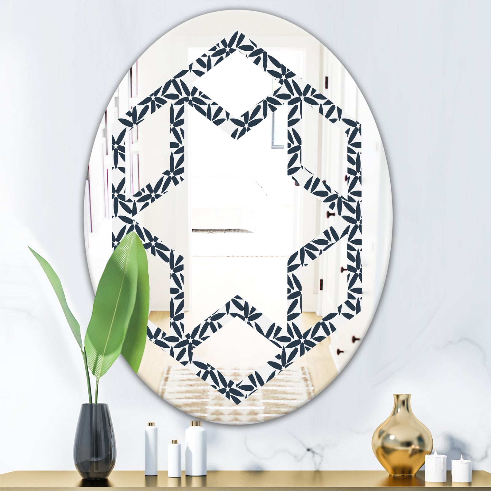 Retro Abstract Flower Design IV - Modern Round or Oval Wall Mirror - Hexagon Star