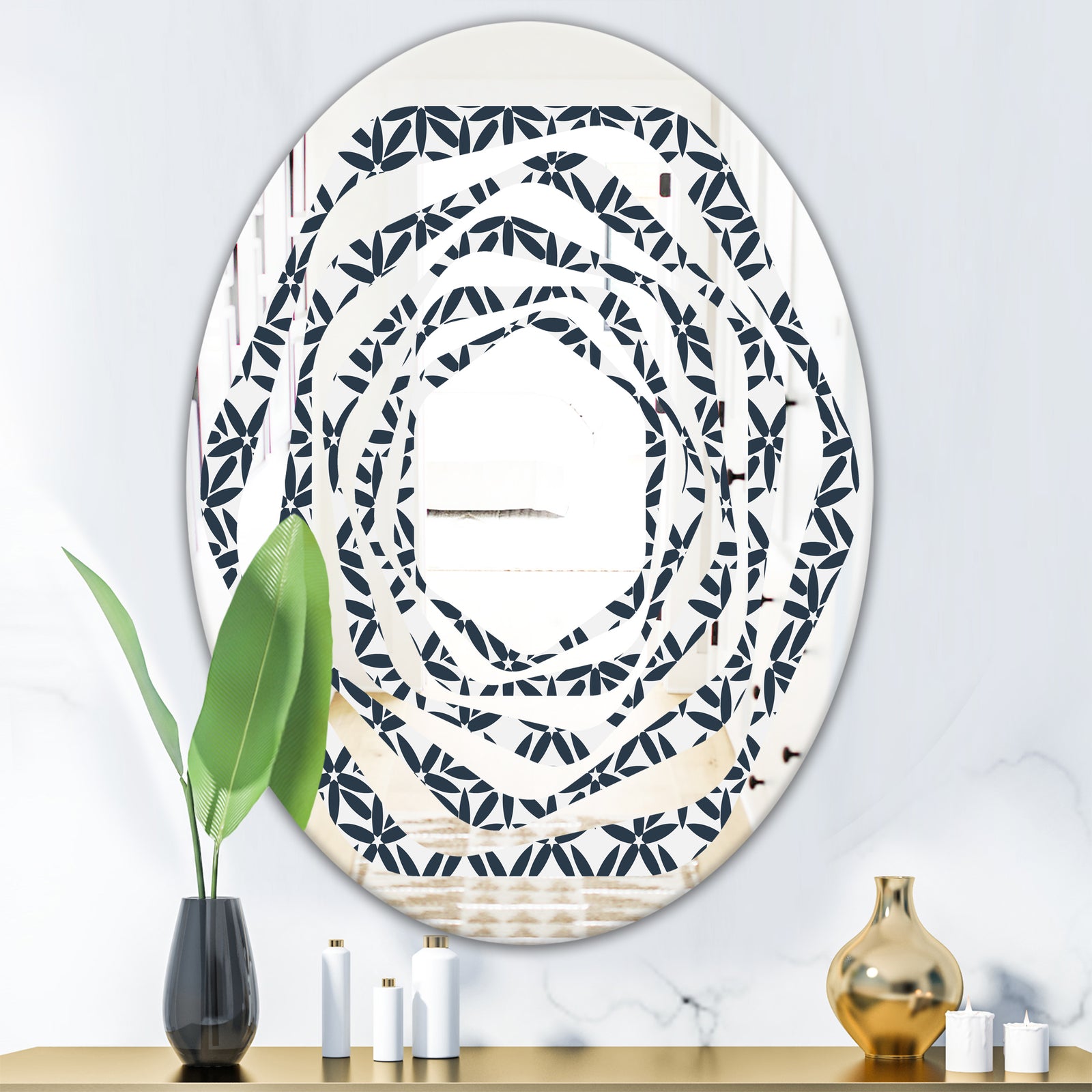 Retro Abstract Flower Design IV - Modern Round or Oval Wall Mirror - Whirl