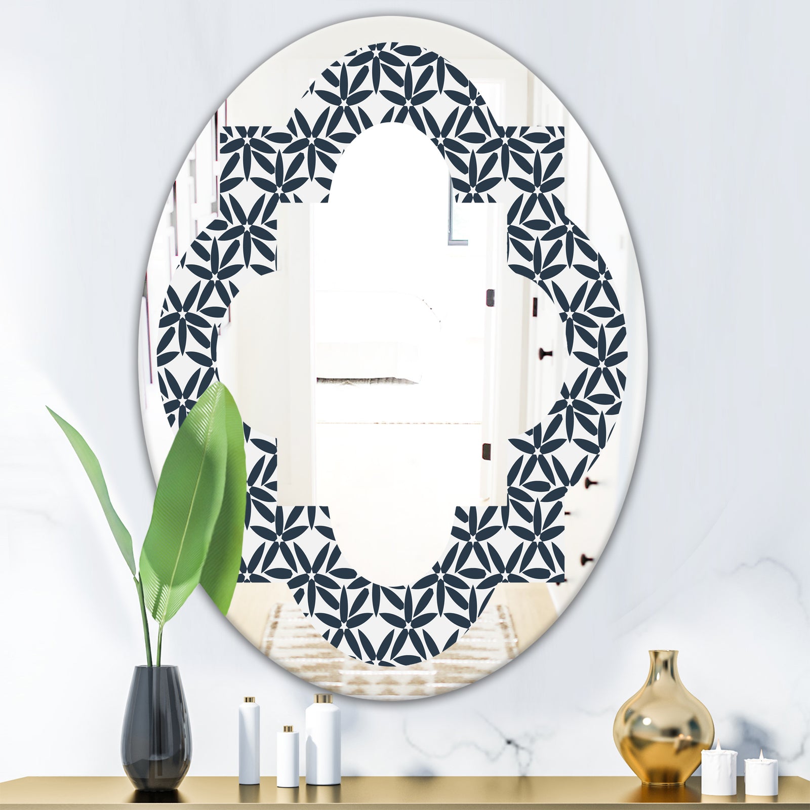 Retro Abstract Flower Design IV - Modern Round or Oval Wall Mirror - Quatrefoil