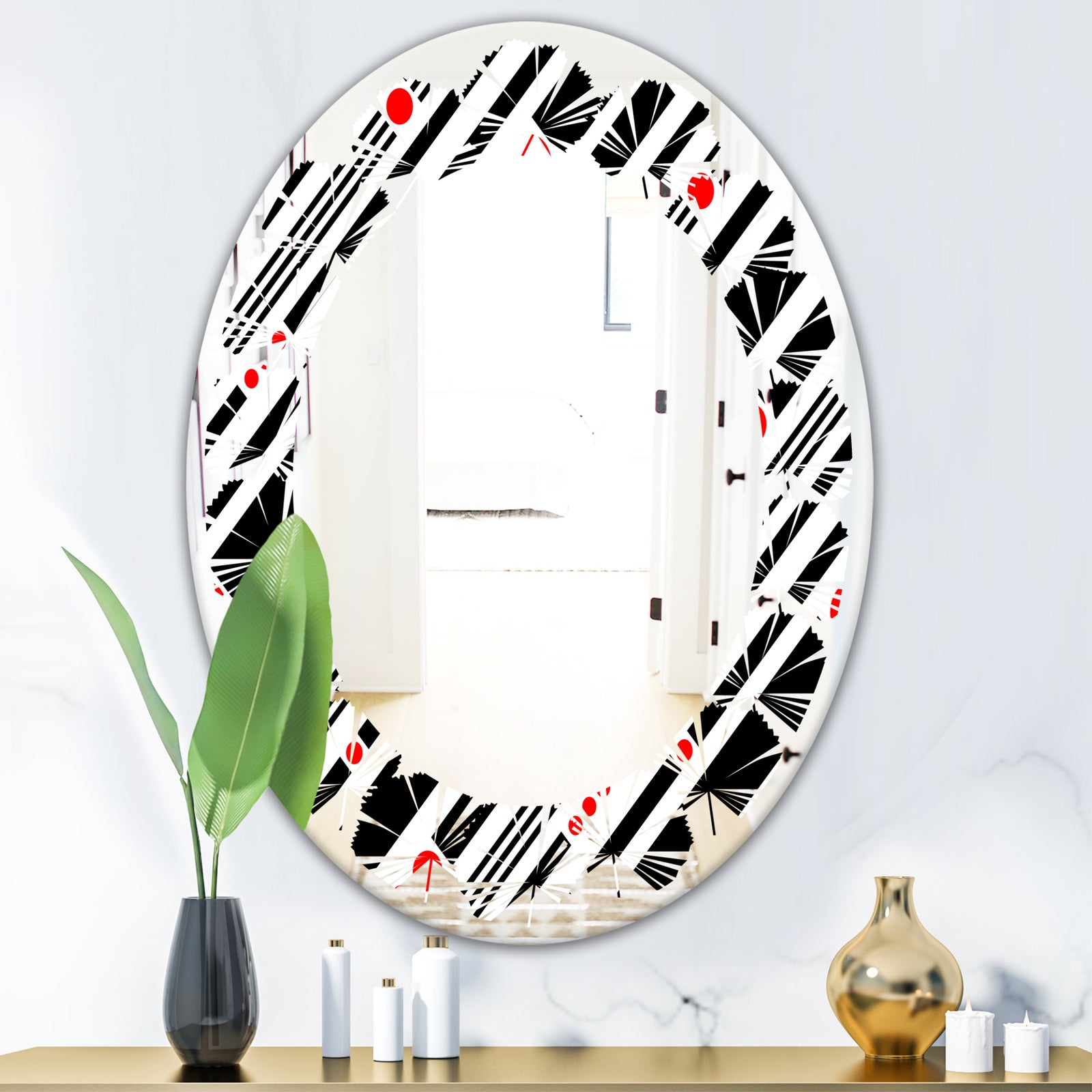 Retro Geometrical Abstract Minimal Pattern XII - Modern Round or Oval Wall Mirror - Leaves