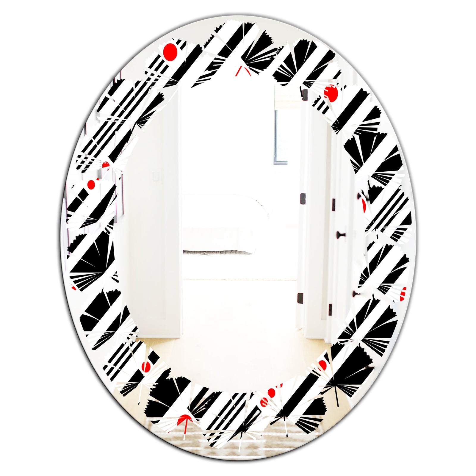 Retro Geometrical Abstract Minimal Pattern XII - Modern Round or Oval Wall Mirror - Leaves