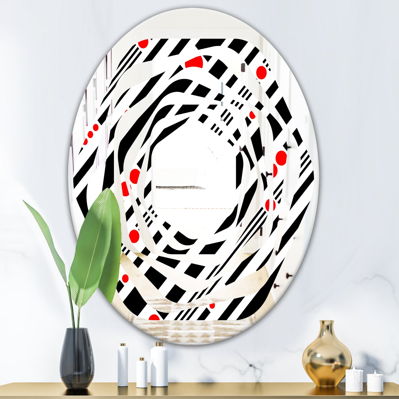 Retro Geometrical Abstract Minimal Pattern XII - Modern Round or Oval Wall Mirror - Whirl