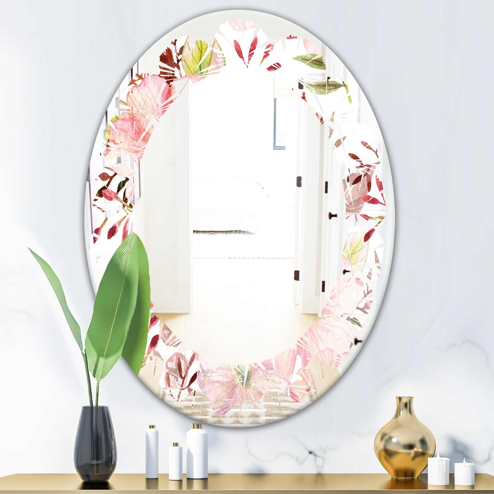 Floral Botanical Retro III - Modern Round or Oval Wall Mirror - Leaves