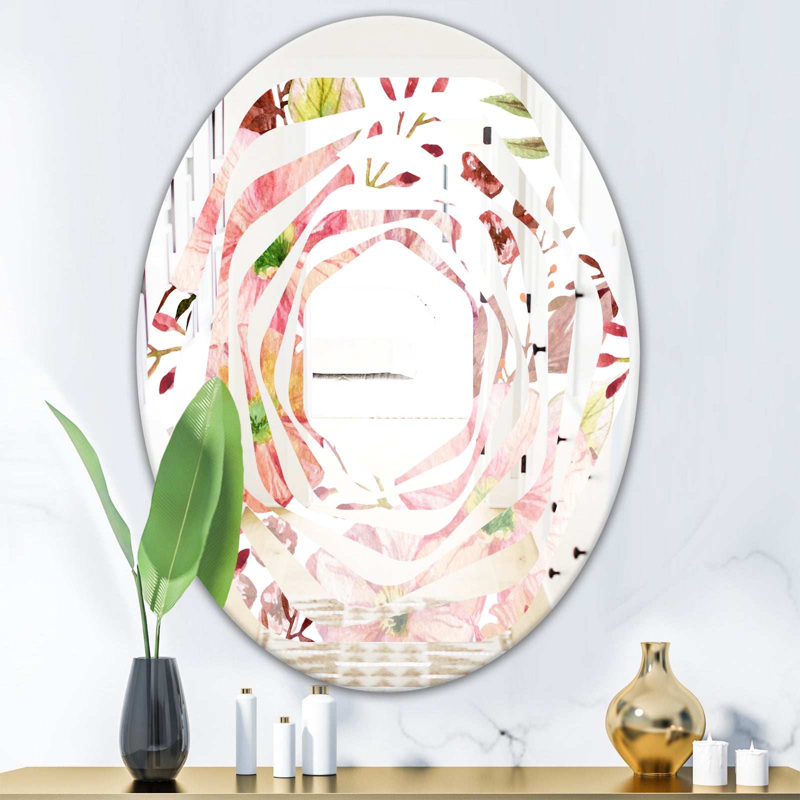 Floral Botanical Retro III - Modern Round or Oval Wall Mirror - Whirl