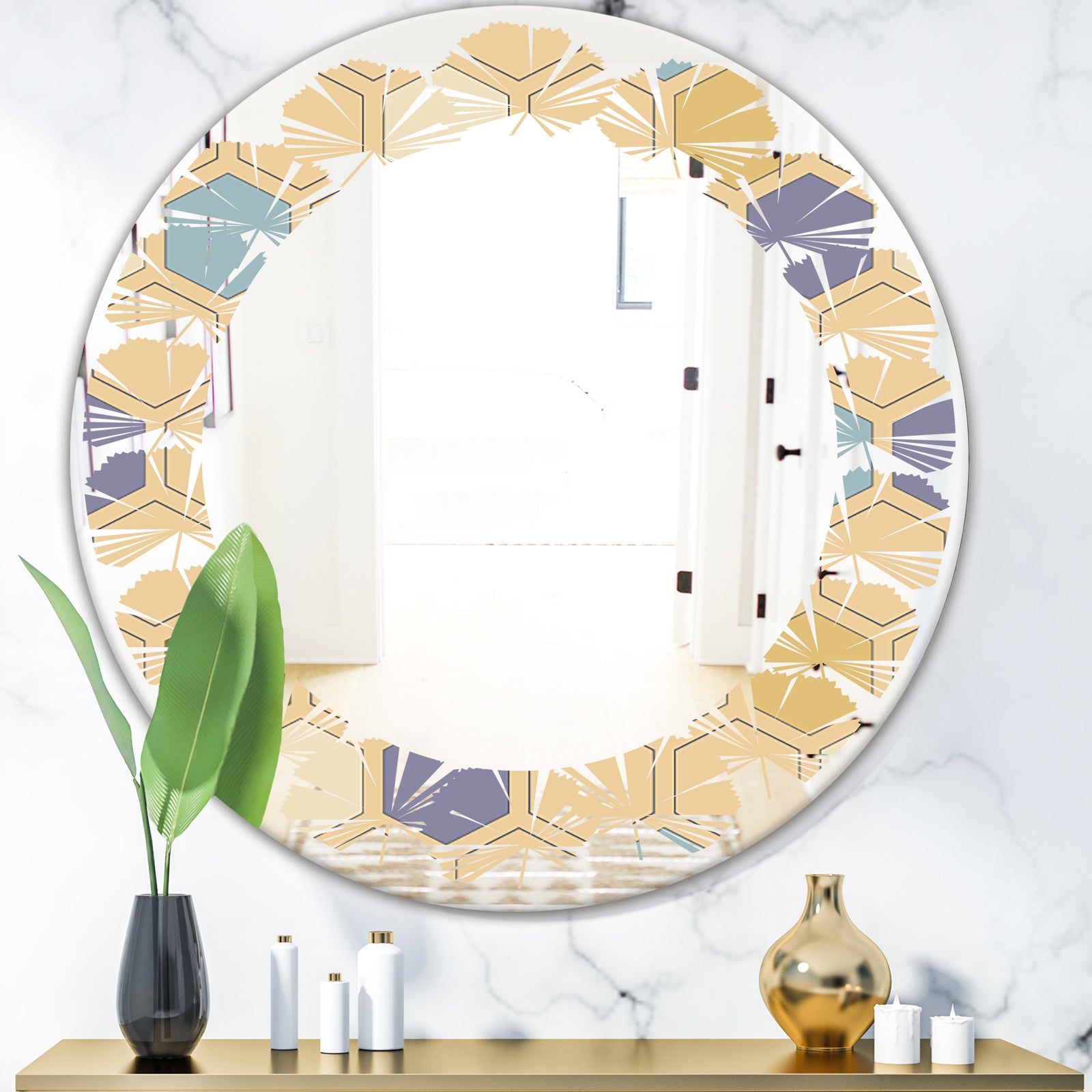 Retro Hexagon PatternX - Modern Round or Oval Wall Mirror - Leaves