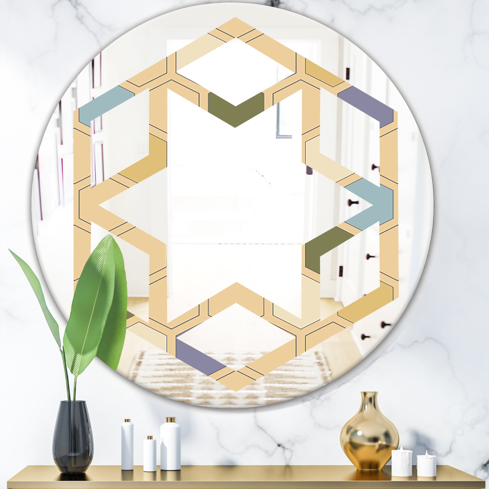 Retro Hexagon PatternX - Modern Round or Oval Wall Mirror - Hexagon Star