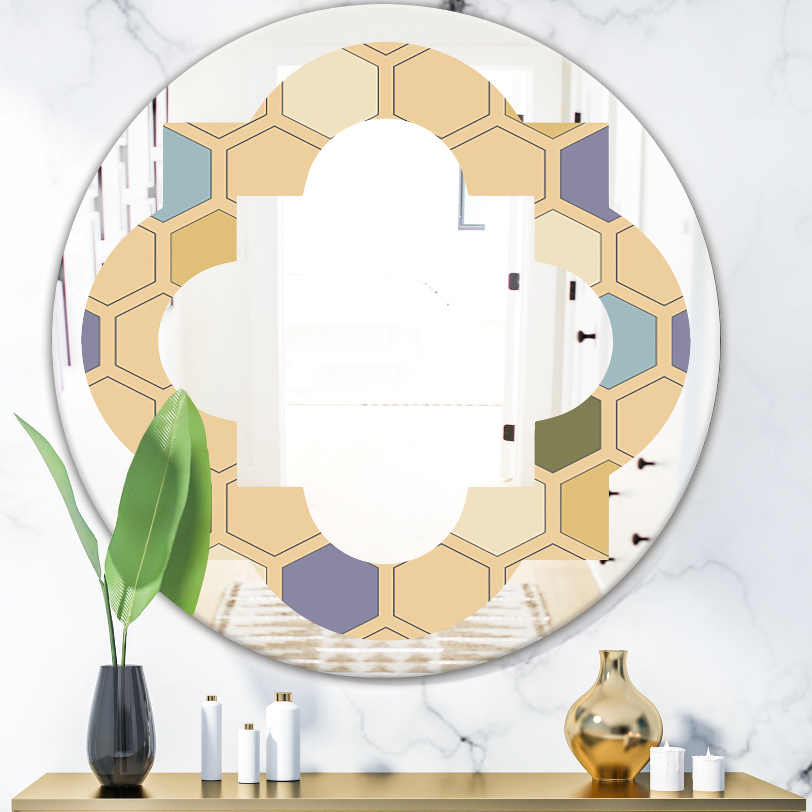 Retro Hexagon PatternX - Modern Round or Oval Wall Mirror - Quatrefoil