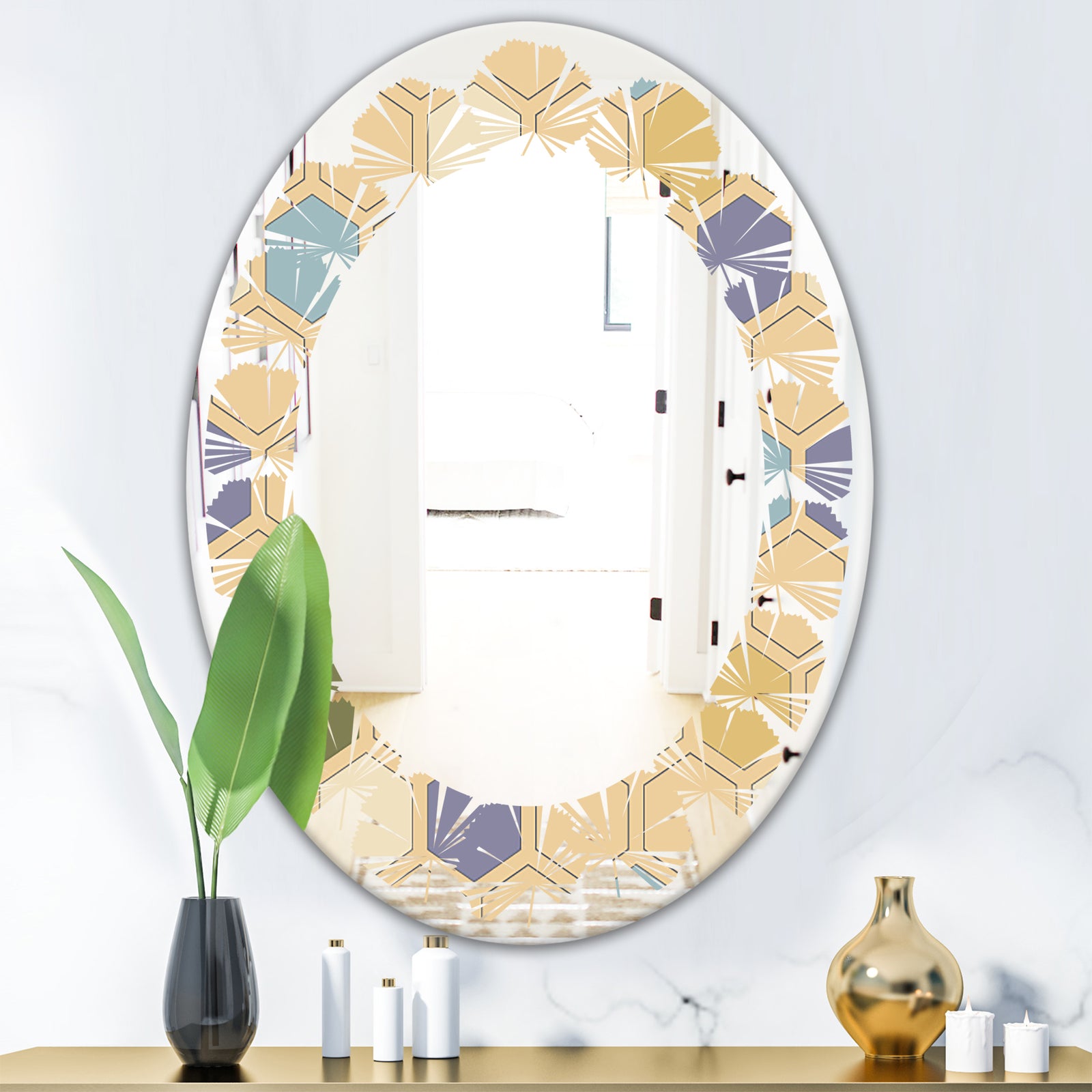 Retro Hexagon PatternX - Modern Round or Oval Wall Mirror - Leaves