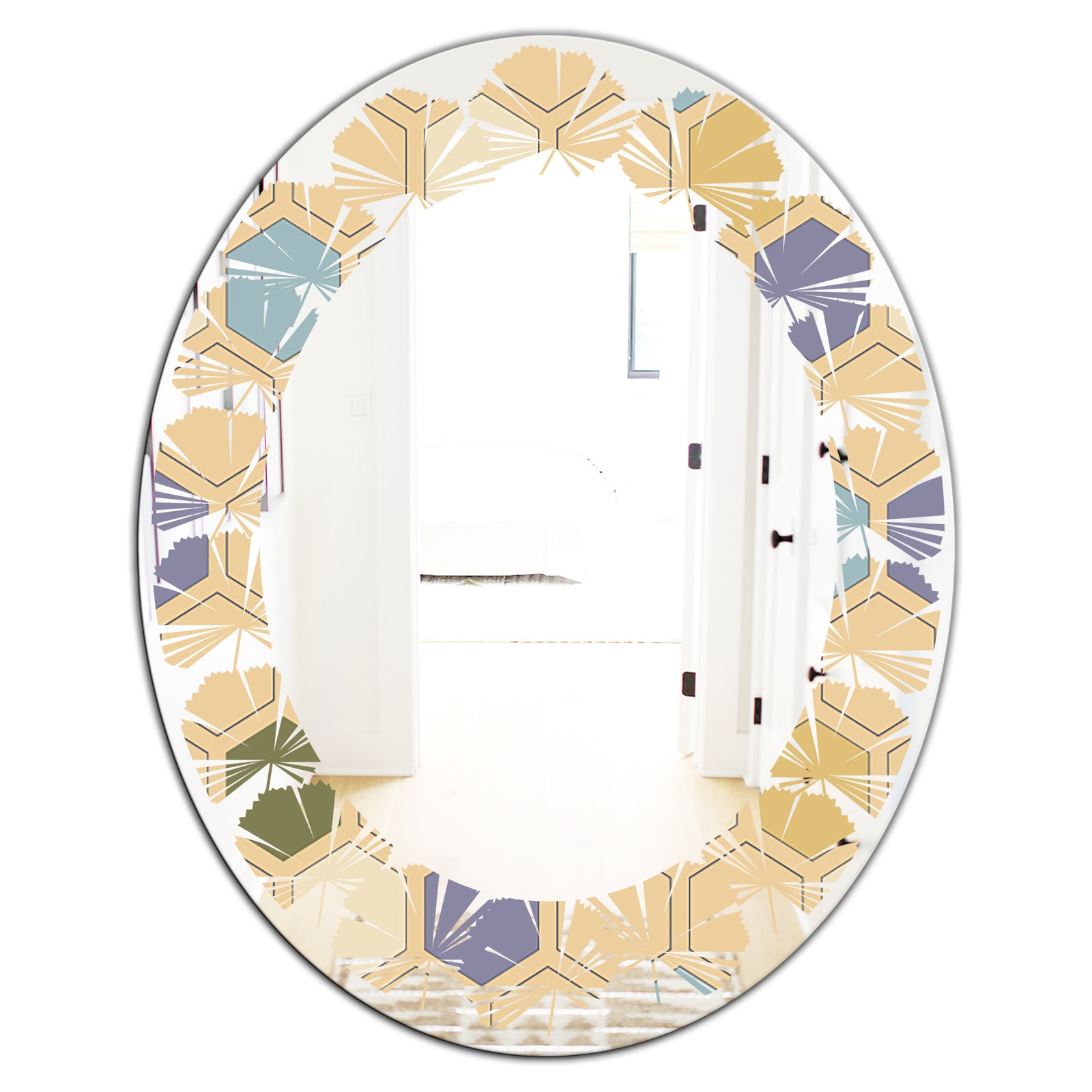 Retro Hexagon PatternX - Modern Round or Oval Wall Mirror - Leaves