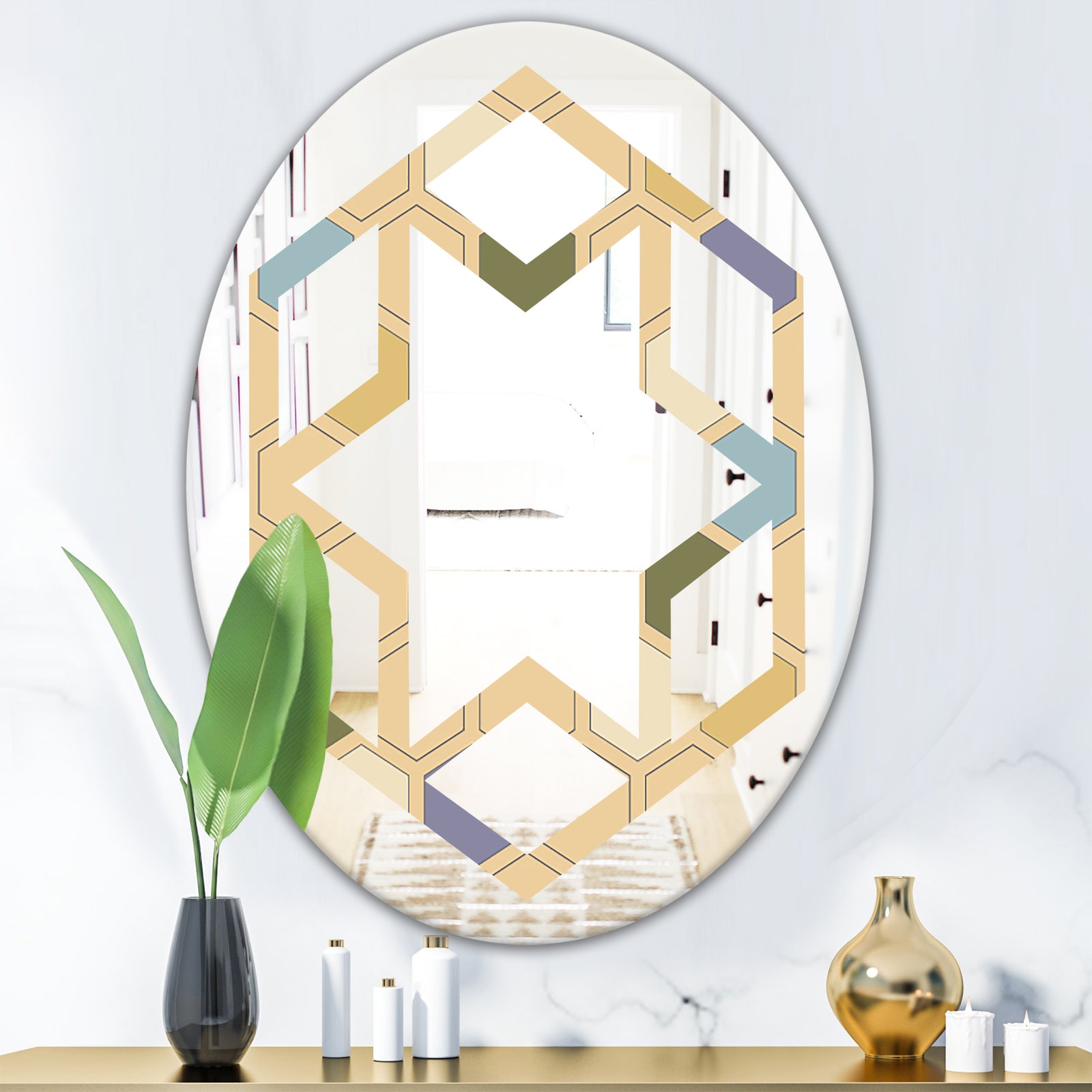 Retro Hexagon PatternX - Modern Round or Oval Wall Mirror - Hexagon Star