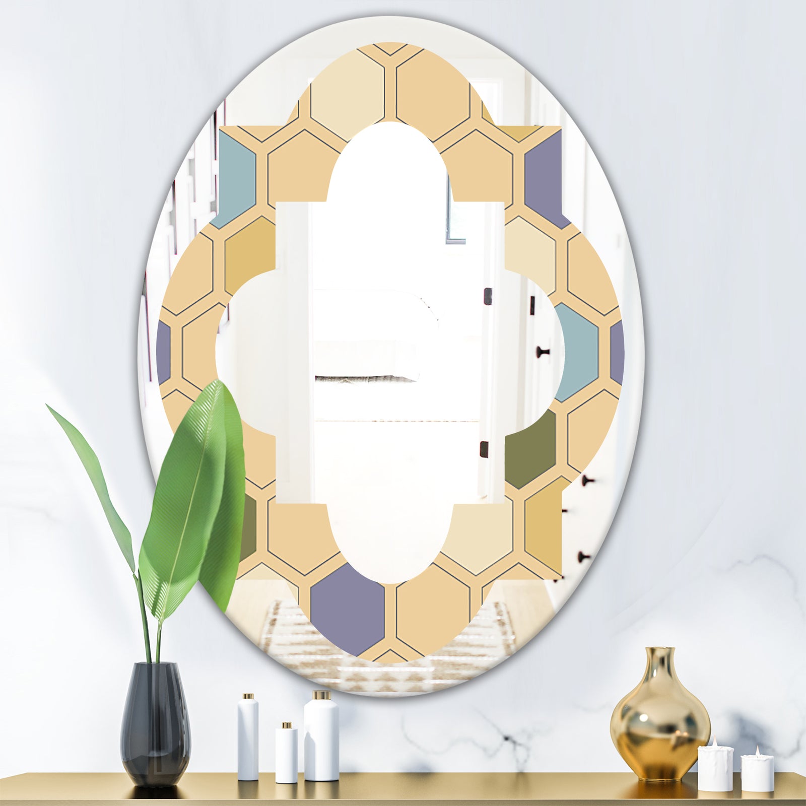 Retro Hexagon PatternX - Modern Round or Oval Wall Mirror - Quatrefoil