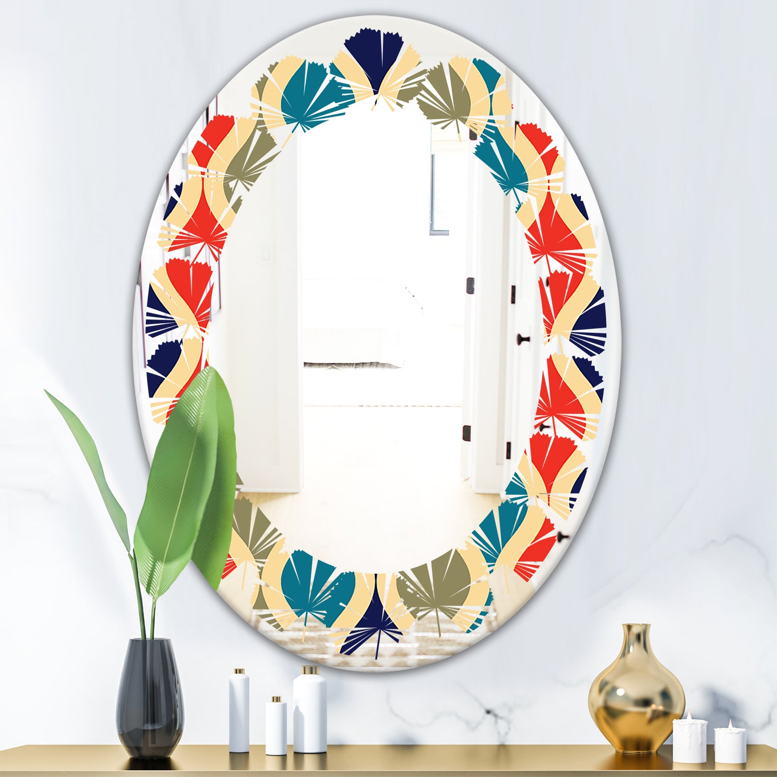 Retro Ornamental Design VI - Modern Round or Oval Wall Mirror - Leaves