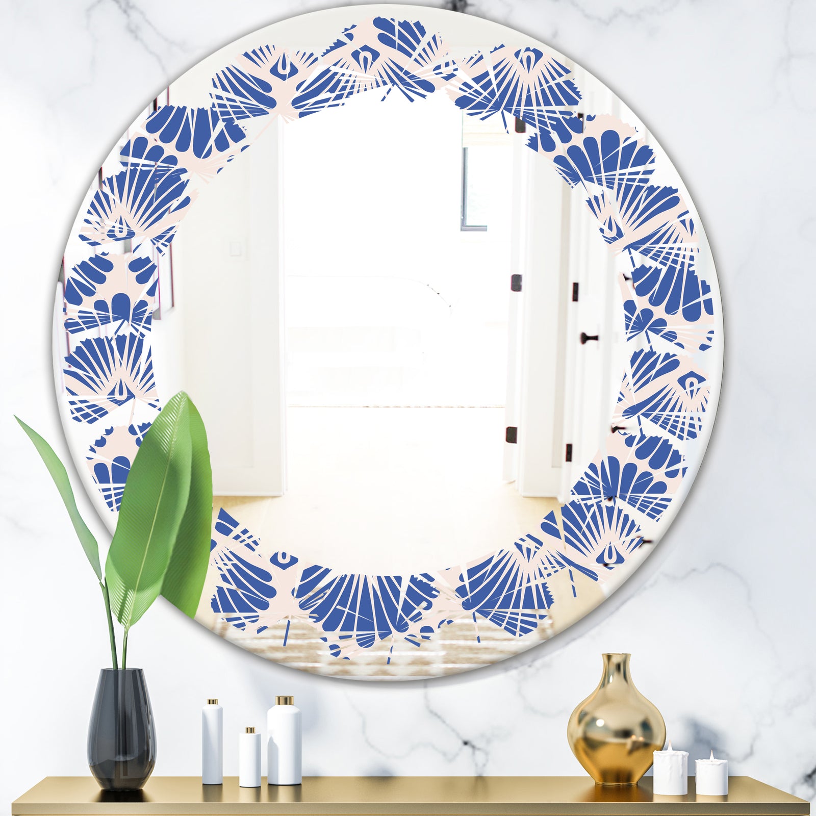 Retro Blue Waves - Modern Round or Oval Wall Mirror - Leaves