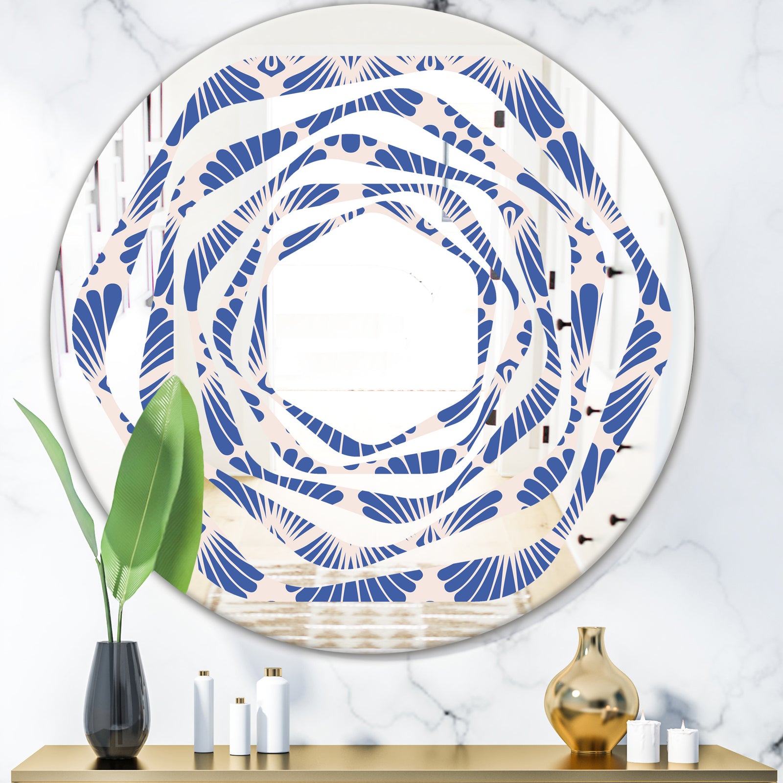 Retro Blue Waves - Modern Round or Oval Wall Mirror - Whirl
