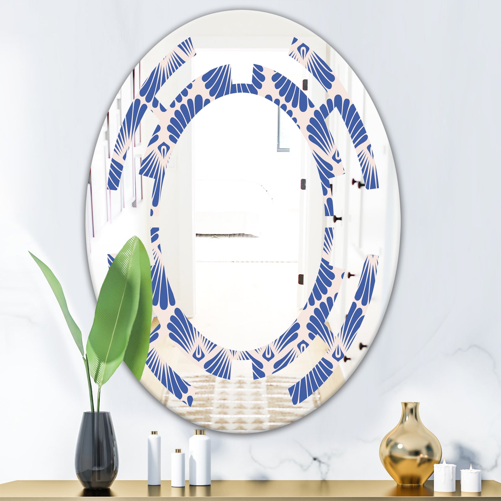 Retro Blue Waves - Modern Round or Oval Wall Mirror - Space