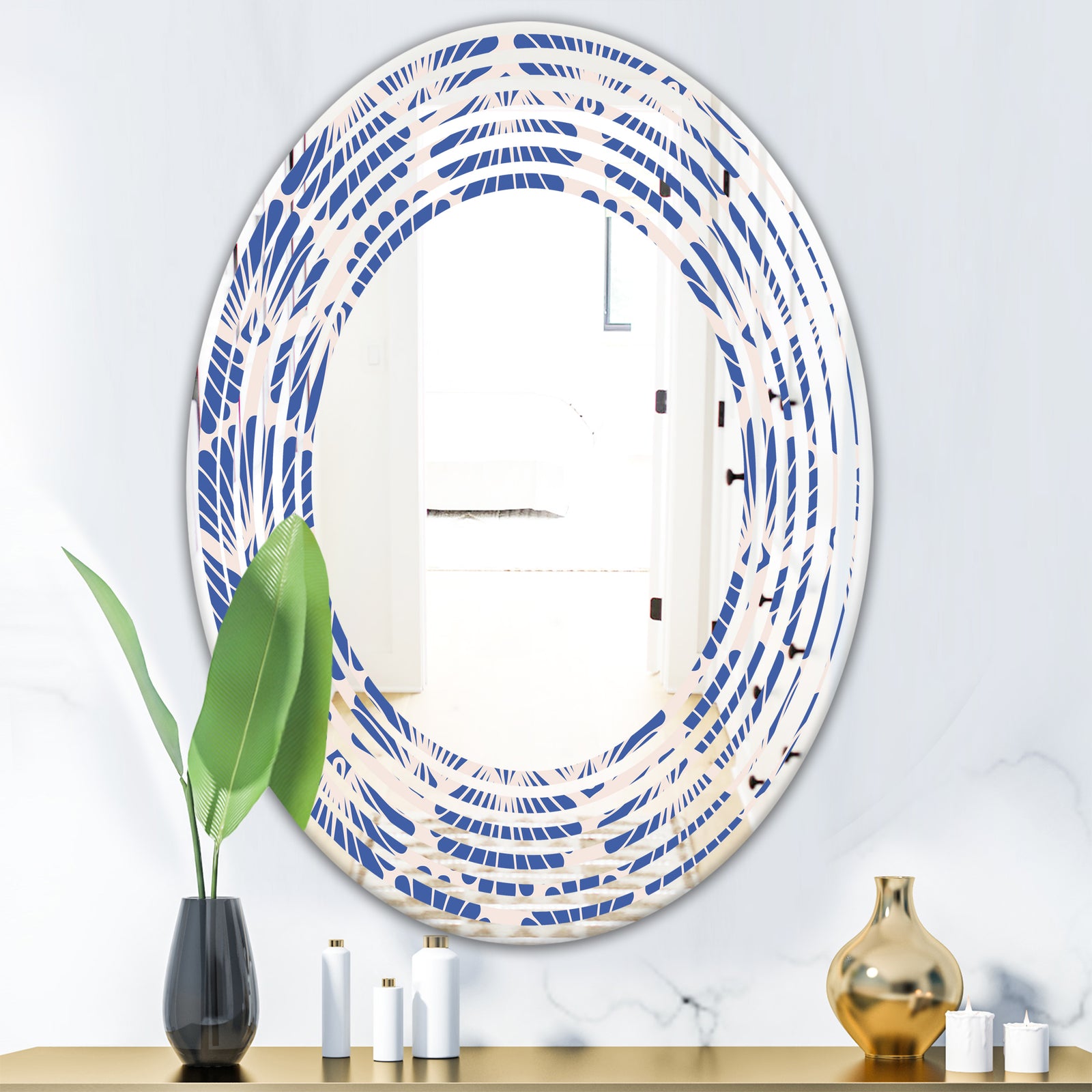 Retro Blue Waves - Modern Round or Oval Wall Mirror - Wave