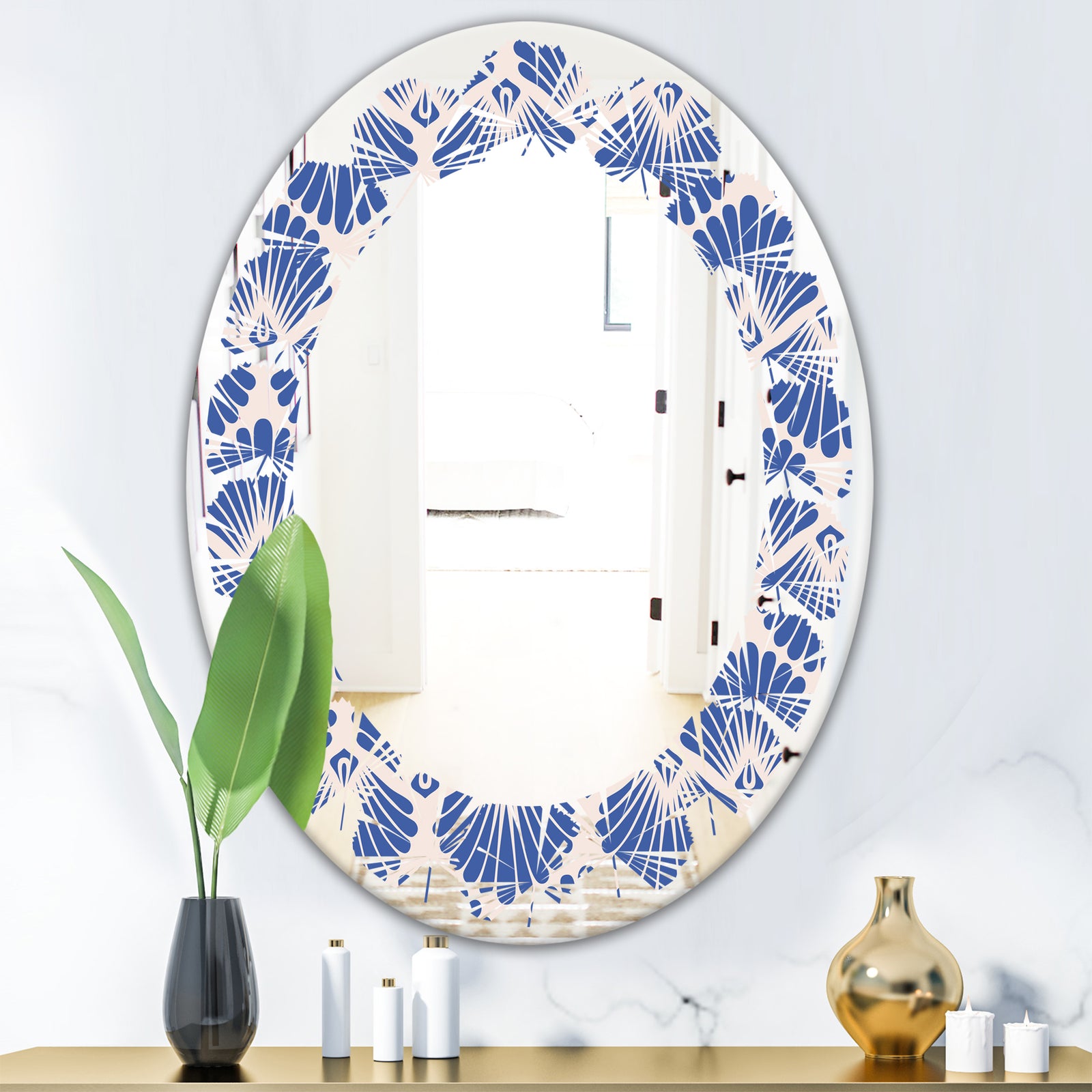 Retro Blue Waves - Modern Round or Oval Wall Mirror - Leaves
