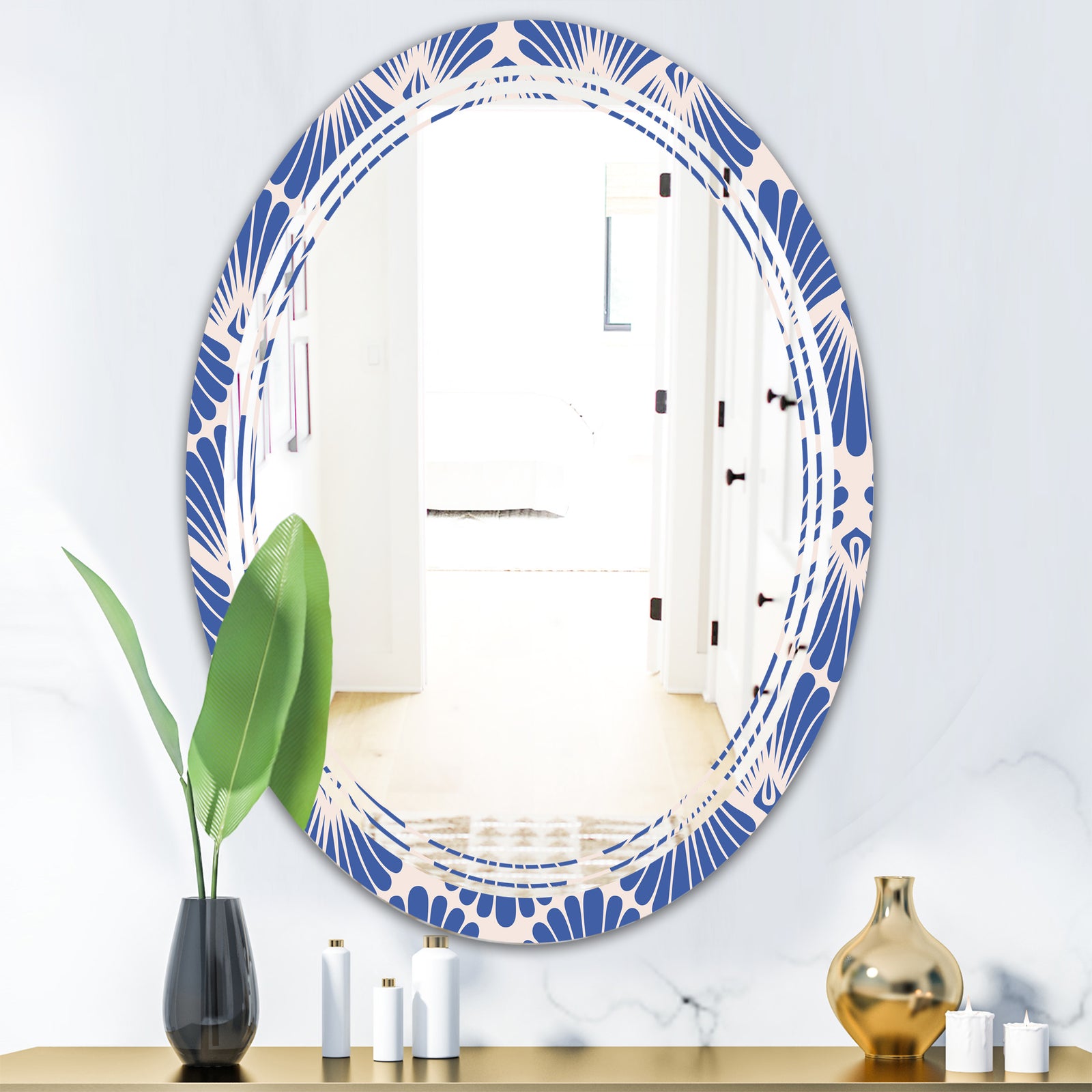 Retro Blue Waves - Modern Round or Oval Wall Mirror - Triple C