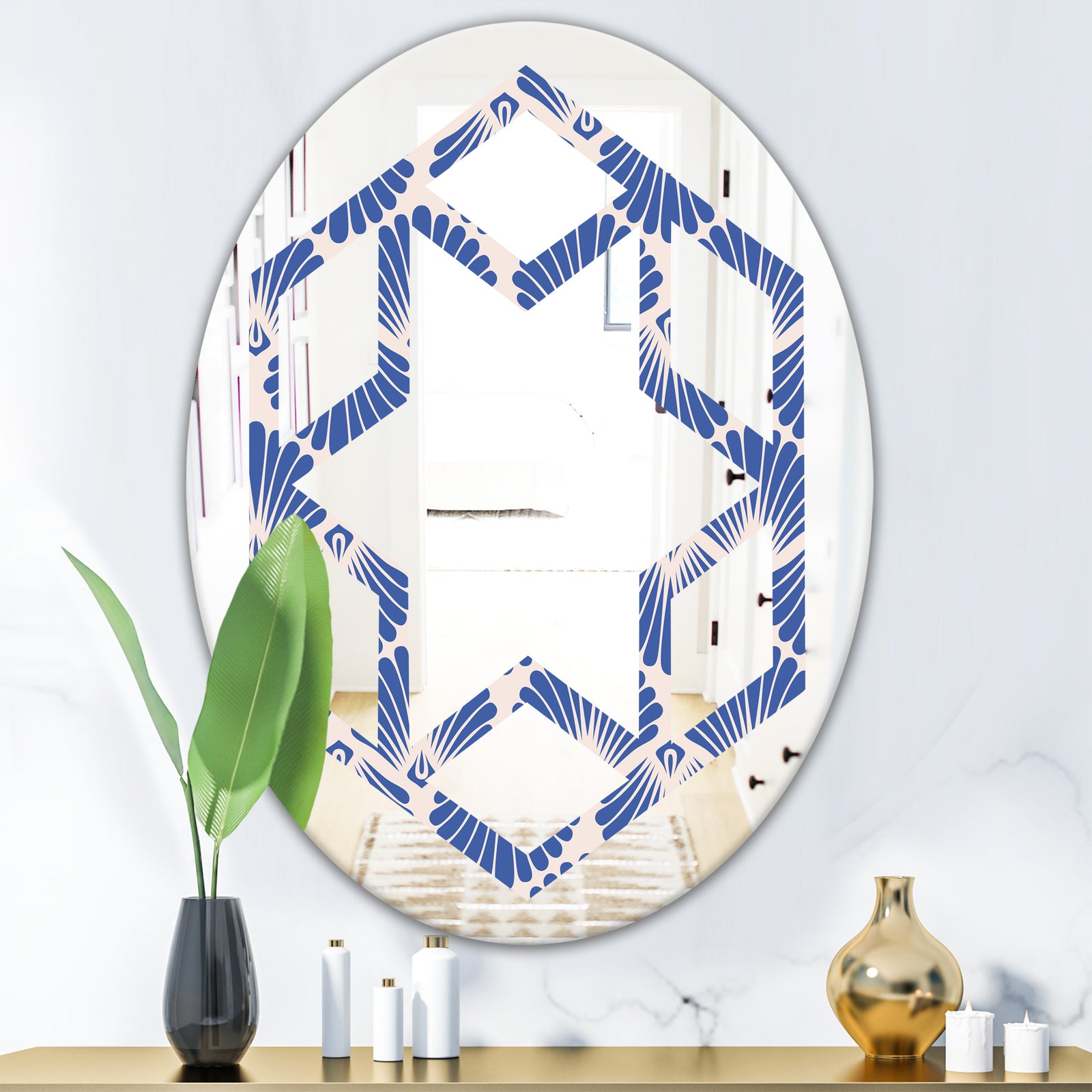 Retro Blue Waves - Modern Round or Oval Wall Mirror - Hexagon Star