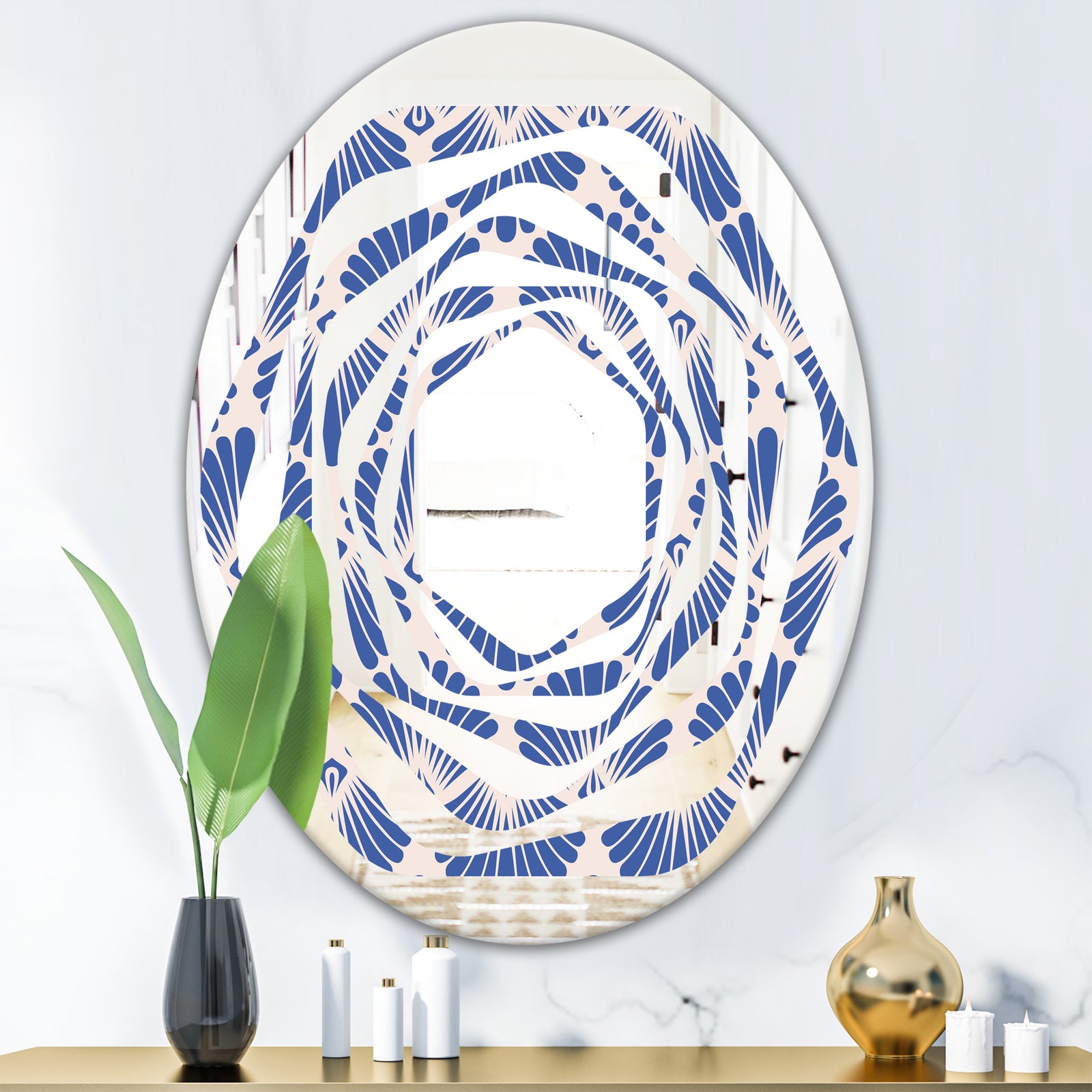 Retro Blue Waves - Modern Round or Oval Wall Mirror - Whirl