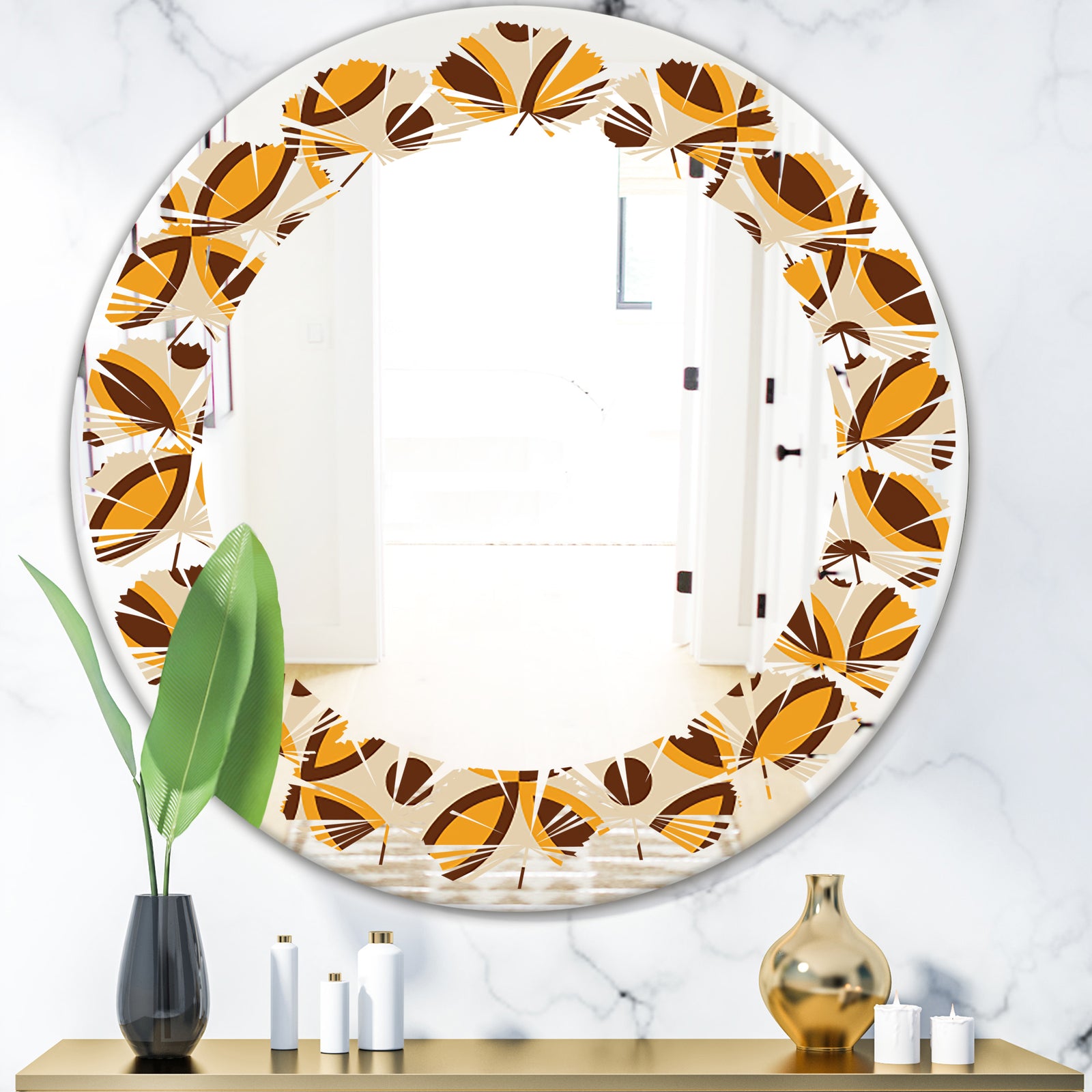Retro Ornamental Design V - Modern Round or Oval Wall Mirror - Leaves