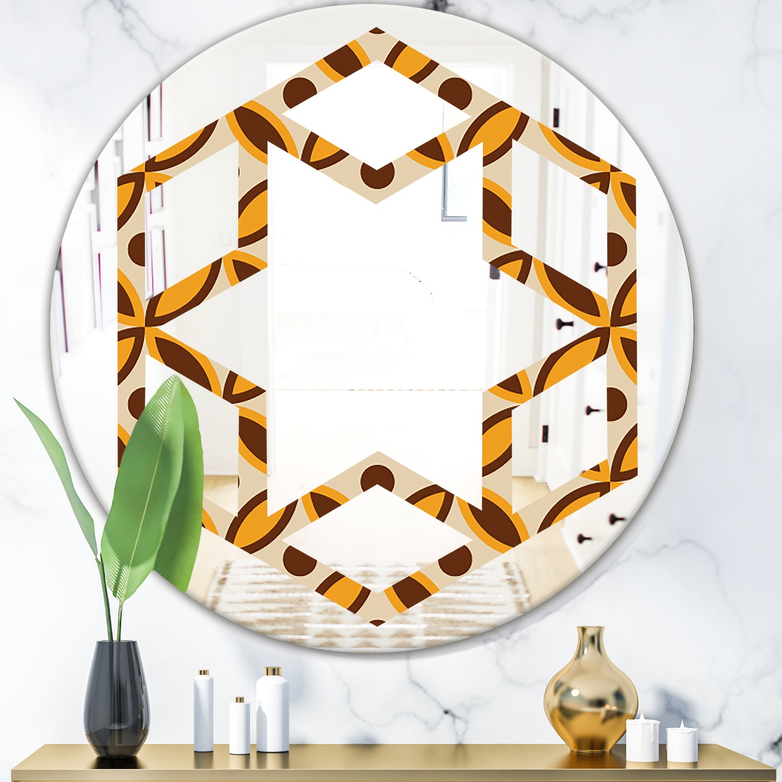 Retro Ornamental Design V - Modern Round or Oval Wall Mirror - Hexagon Star