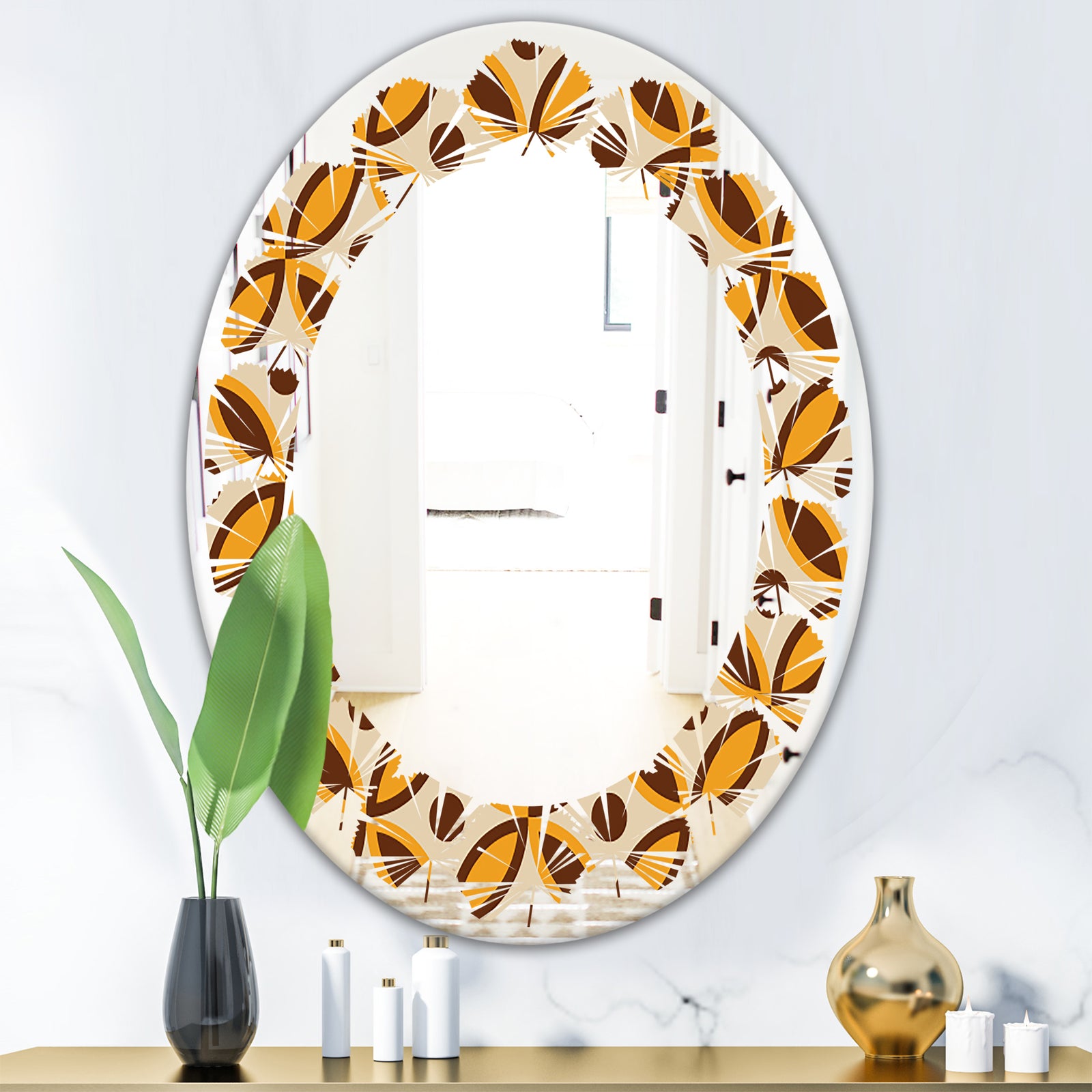 Retro Ornamental Design V - Modern Round or Oval Wall Mirror - Leaves