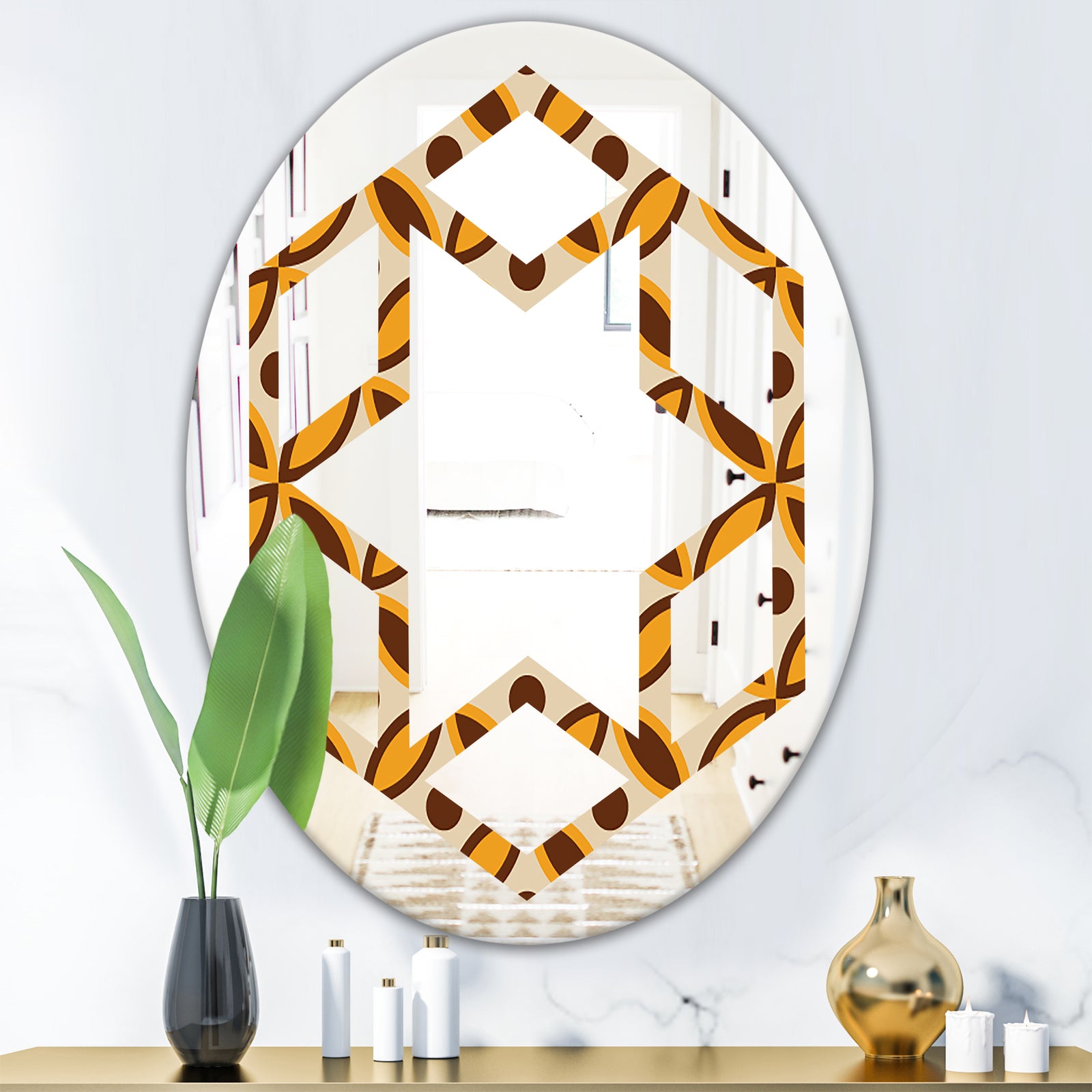 Retro Ornamental Design V - Modern Round or Oval Wall Mirror - Hexagon Star