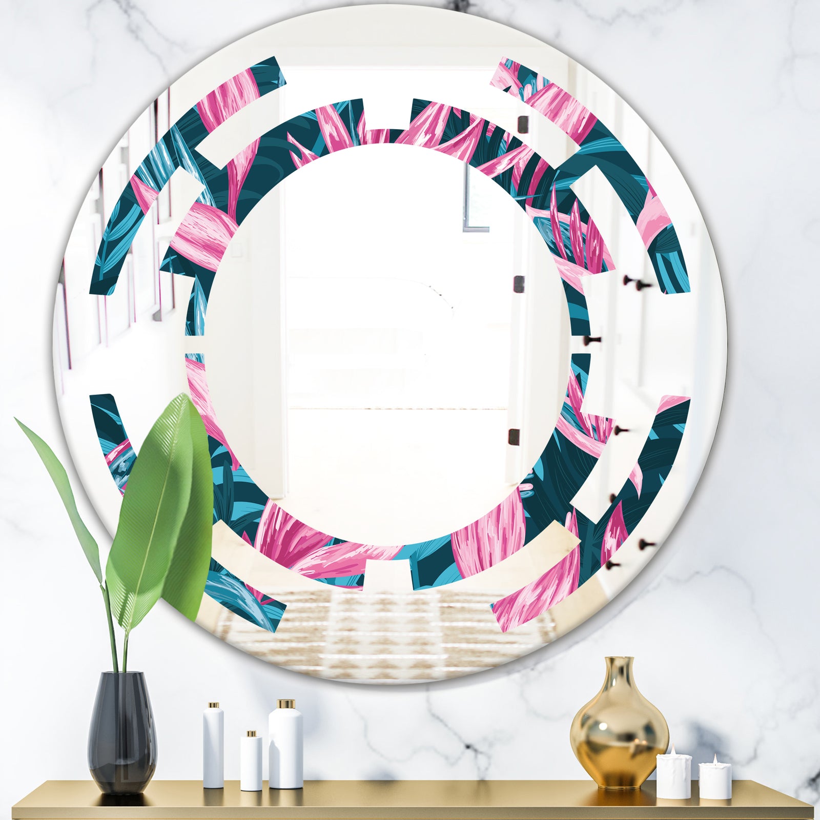 Handdrawn Tropical Flowers - Modern Round or Oval Wall Mirror - Space