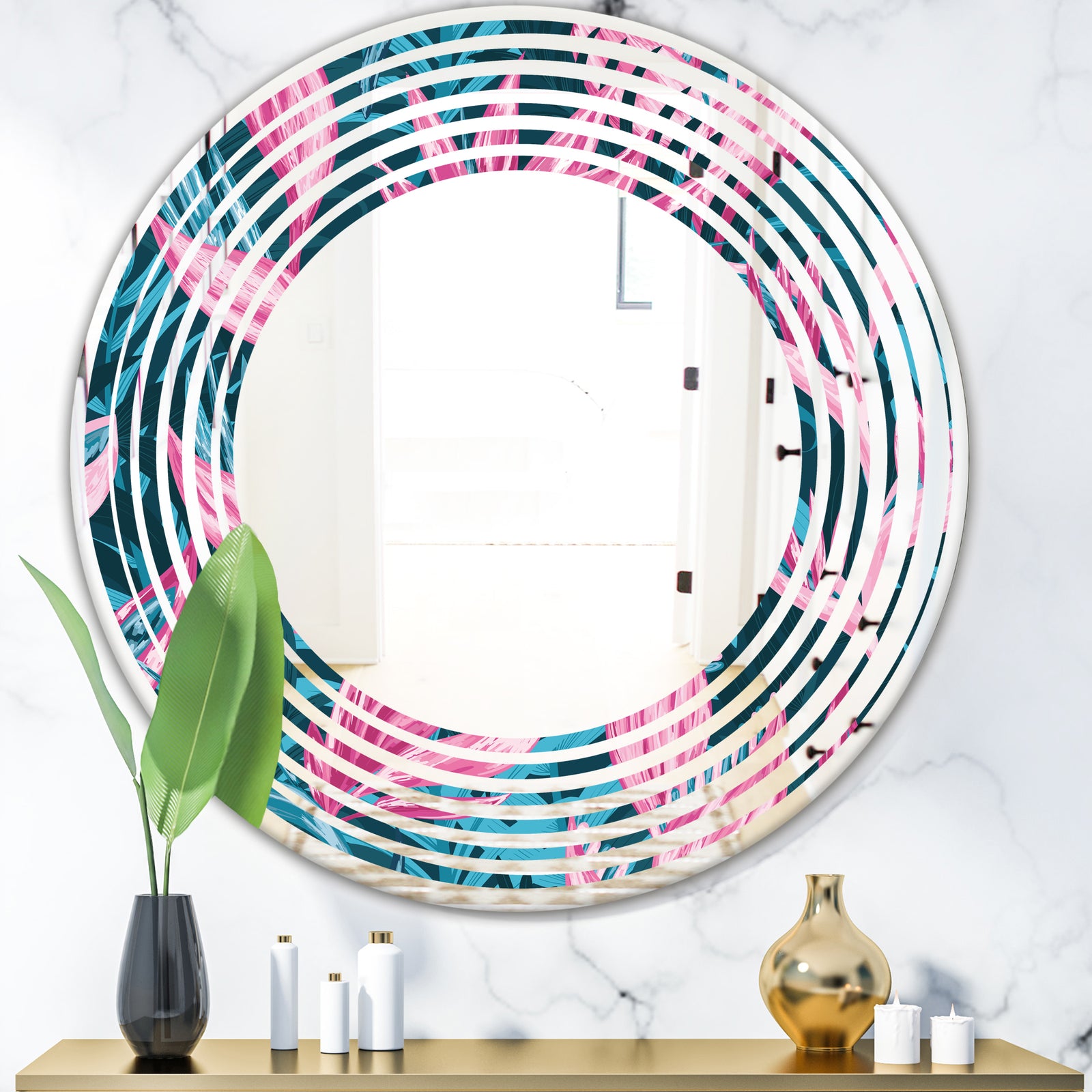 Handdrawn Tropical Flowers - Modern Round or Oval Wall Mirror - Wave