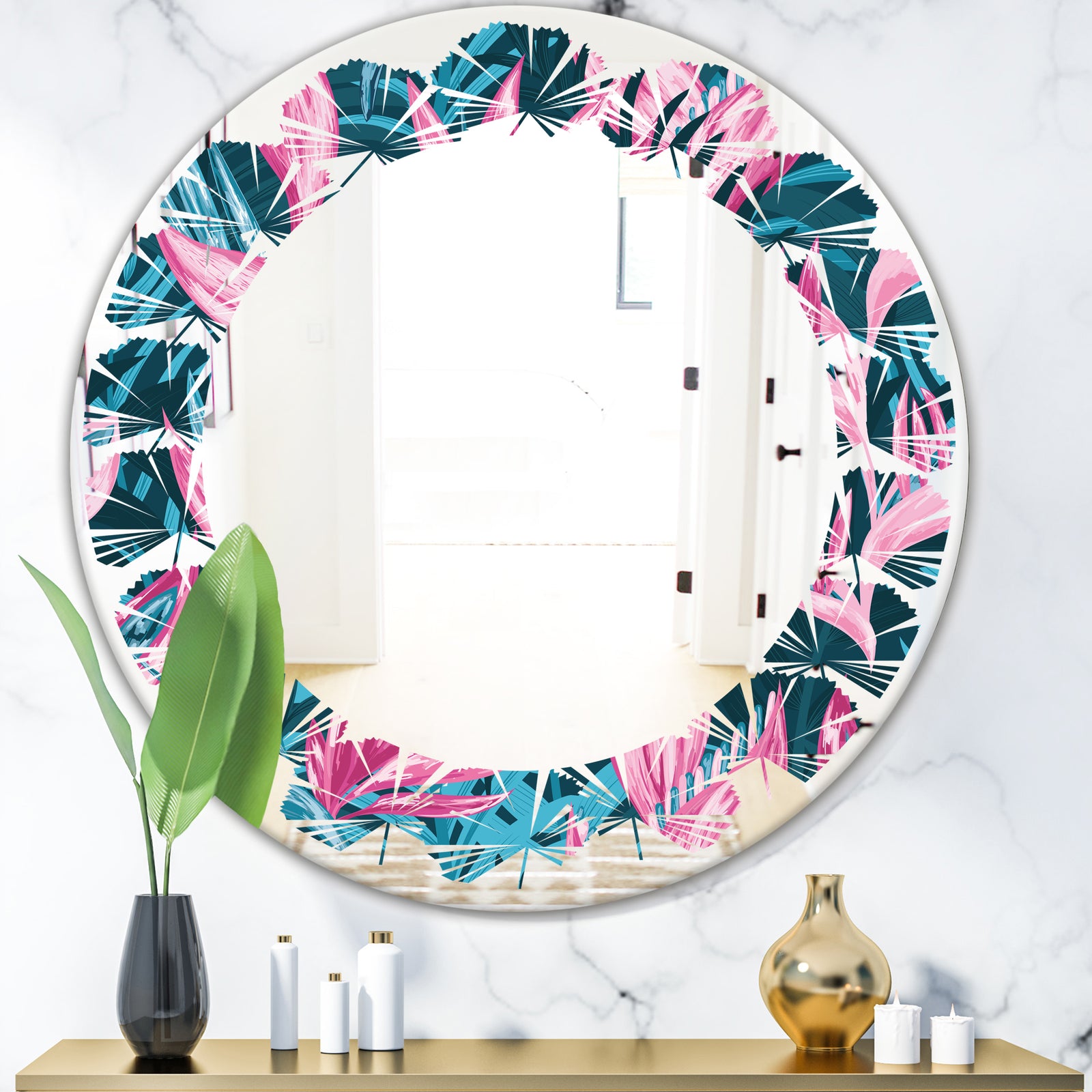 Handdrawn Tropical Flowers - Modern Round or Oval Wall Mirror - Leaves