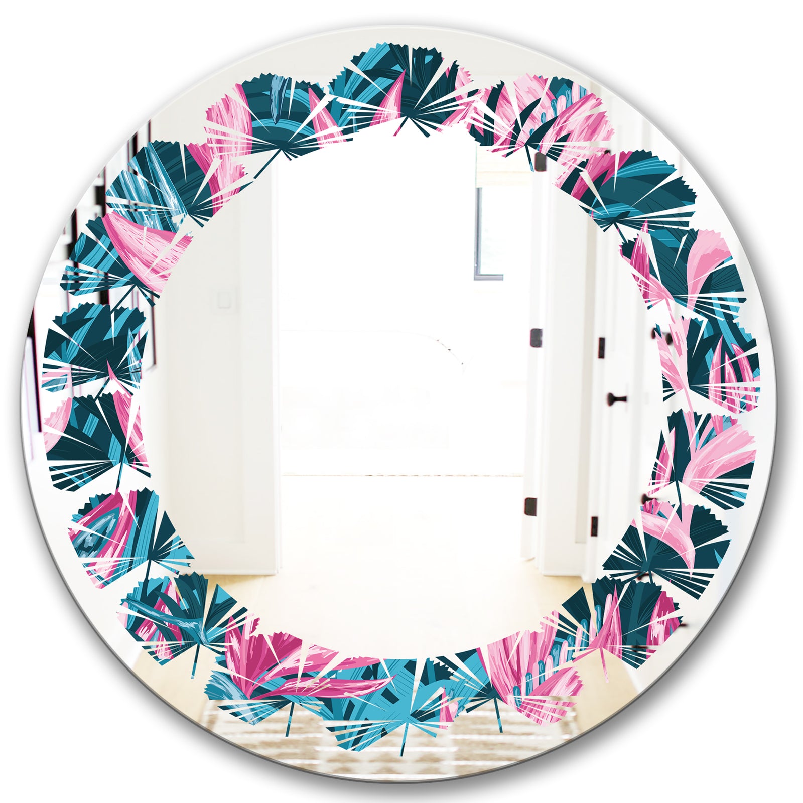 Handdrawn Tropical Flowers - Modern Round or Oval Wall Mirror - Leaves
