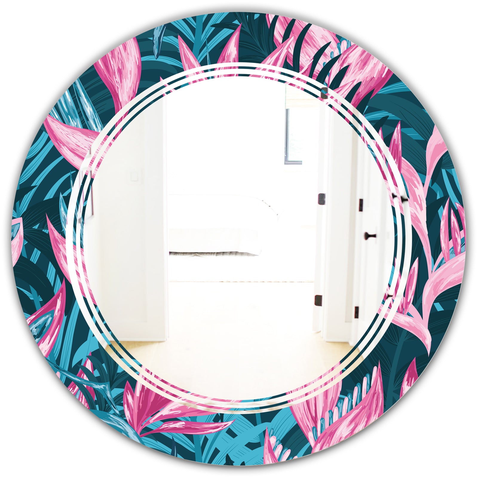 Handdrawn Tropical Flowers - Modern Round or Oval Wall Mirror - Triple C