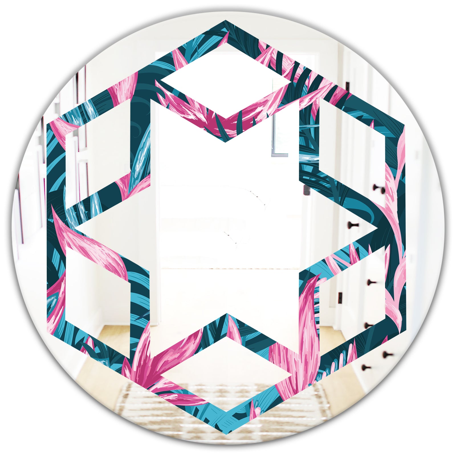 Handdrawn Tropical Flowers - Modern Round or Oval Wall Mirror - Hexagon Star