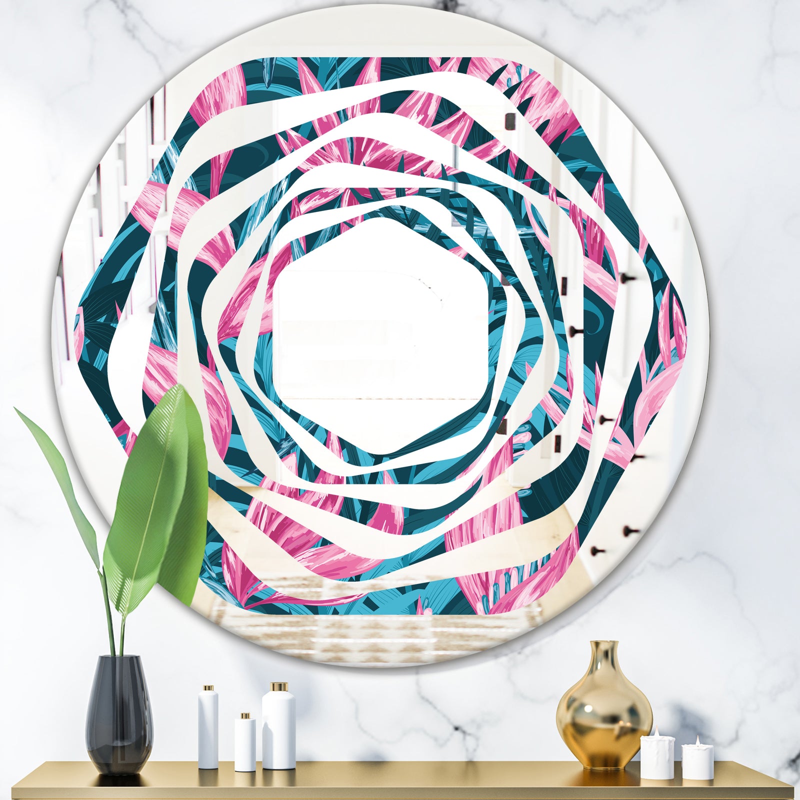Handdrawn Tropical Flowers - Modern Round or Oval Wall Mirror - Whirl