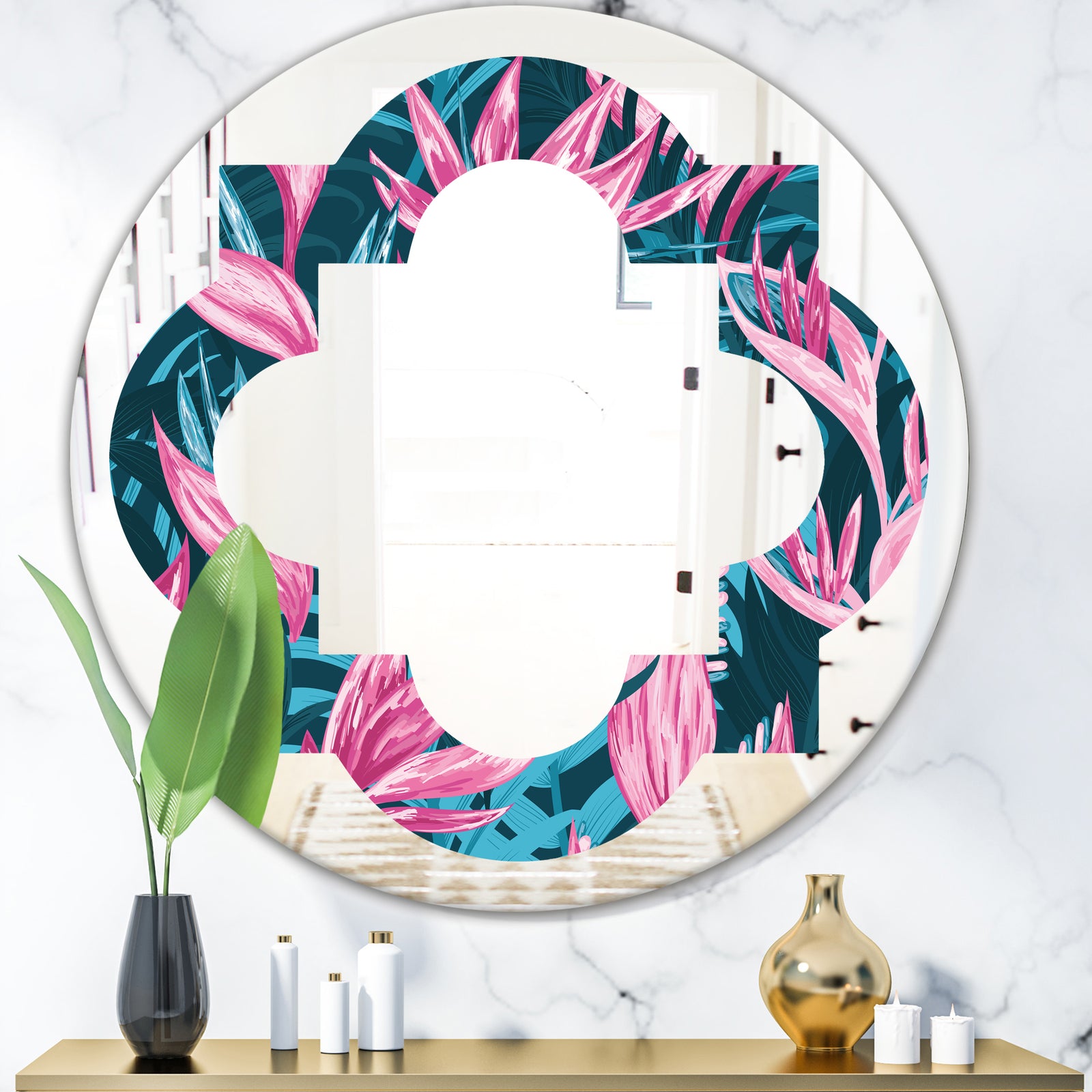 Handdrawn Tropical Flowers - Modern Round or Oval Wall Mirror - Quatrefoil