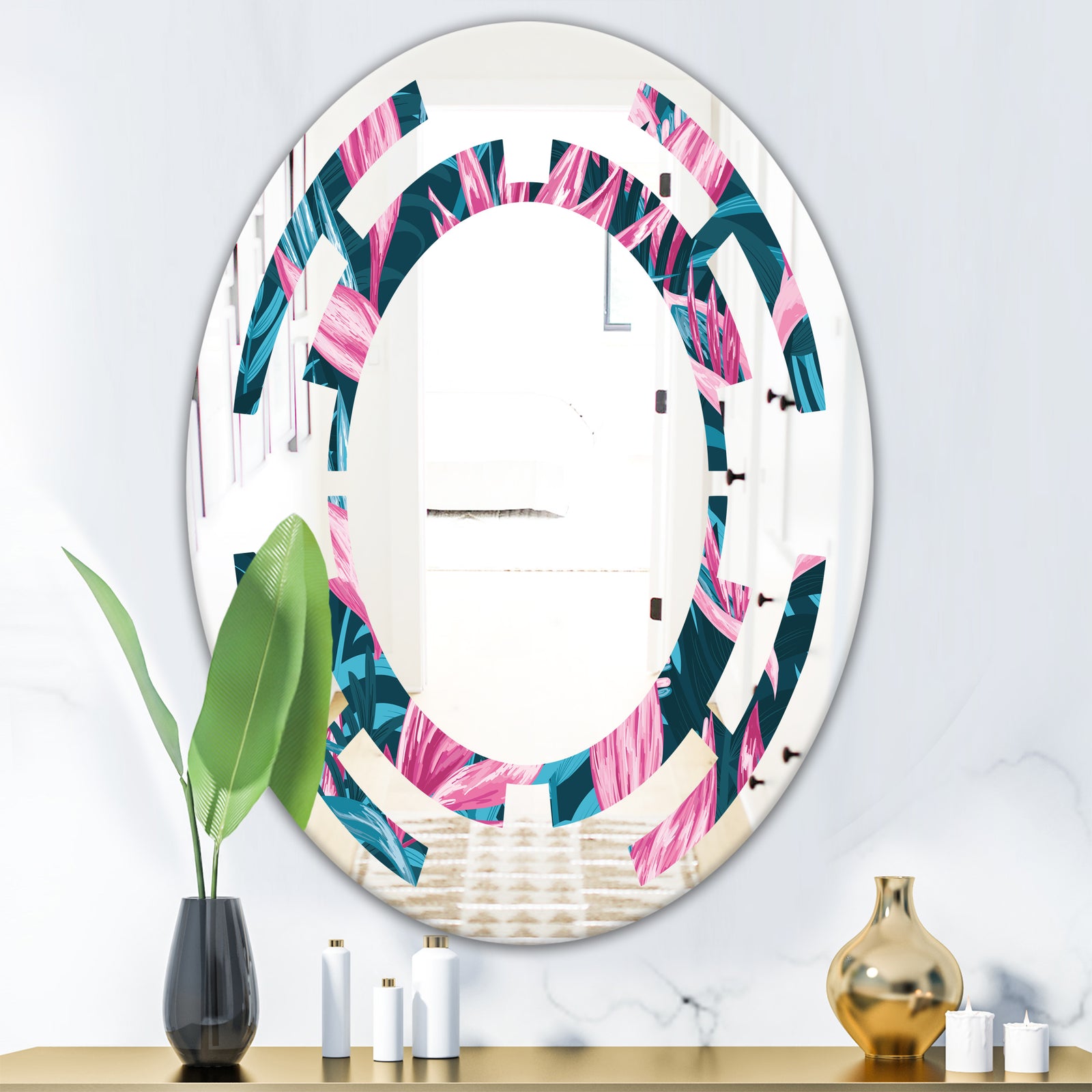 Handdrawn Tropical Flowers - Modern Round or Oval Wall Mirror - Space