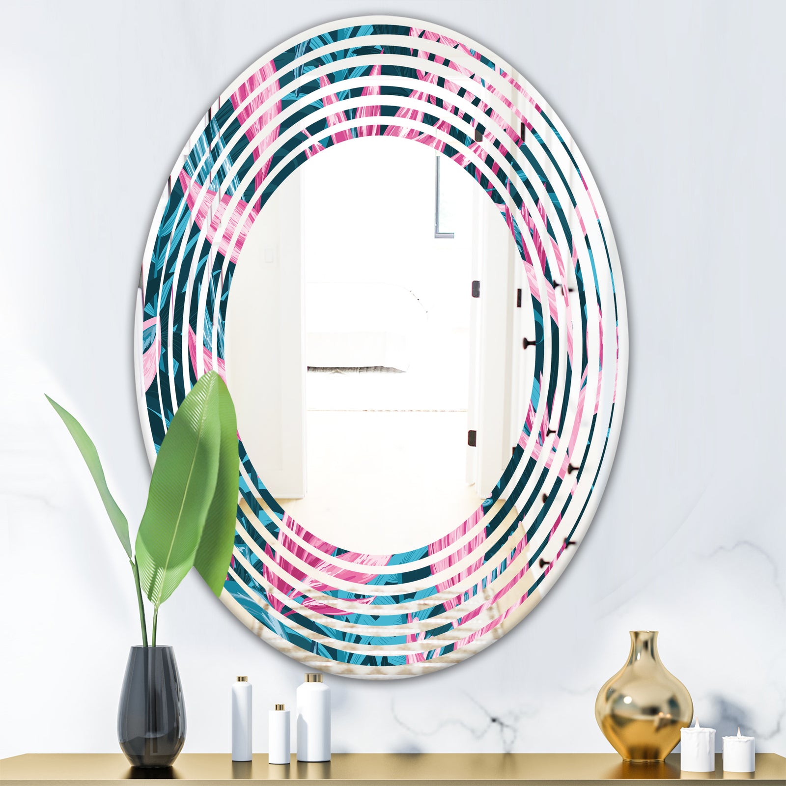 Handdrawn Tropical Flowers - Modern Round or Oval Wall Mirror - Wave