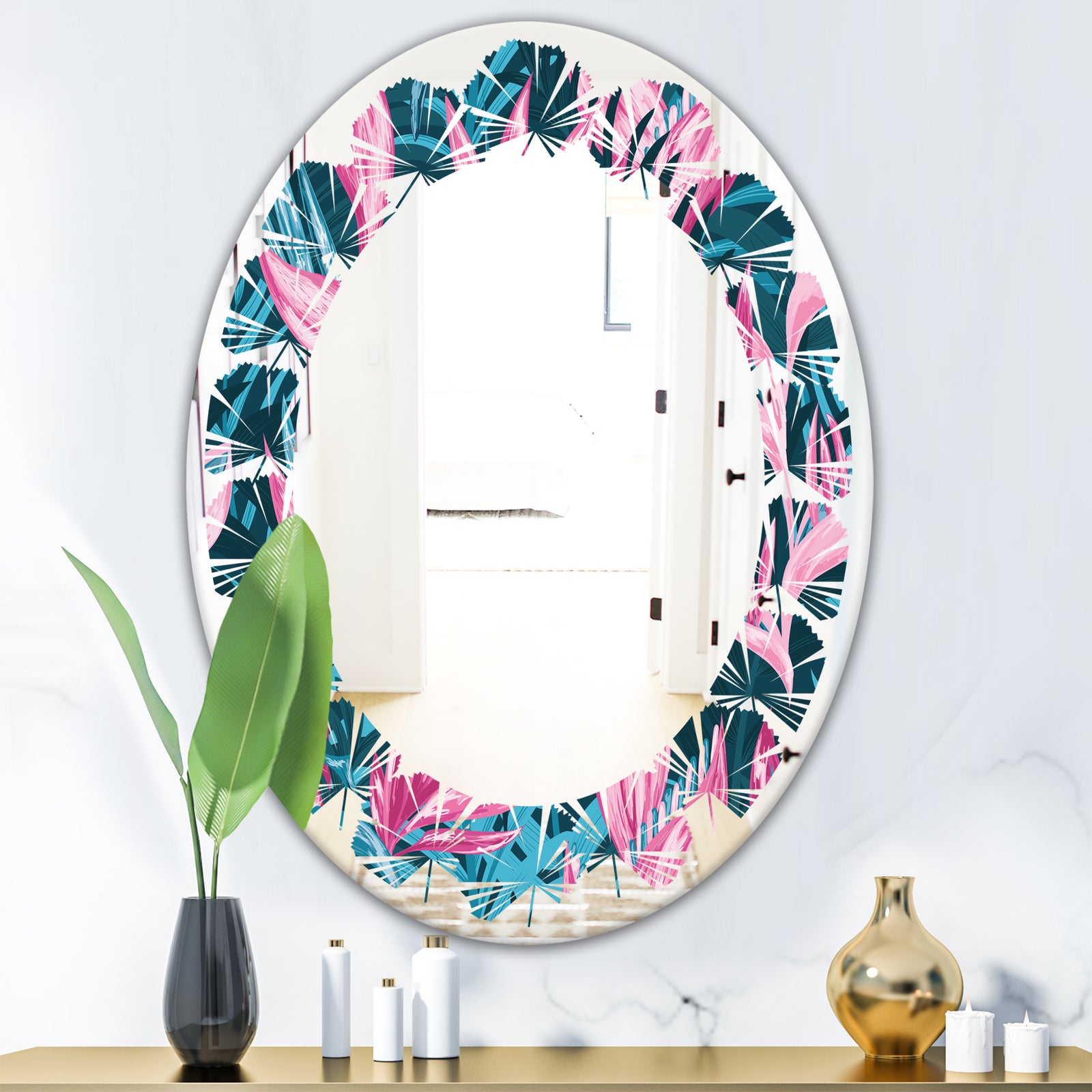 Handdrawn Tropical Flowers - Modern Round or Oval Wall Mirror - Leaves