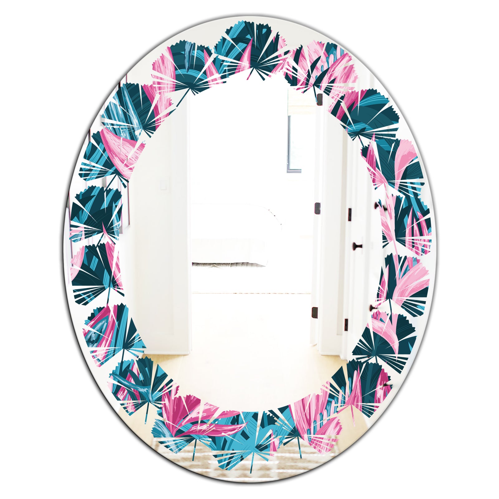 Handdrawn Tropical Flowers - Modern Round or Oval Wall Mirror - Leaves