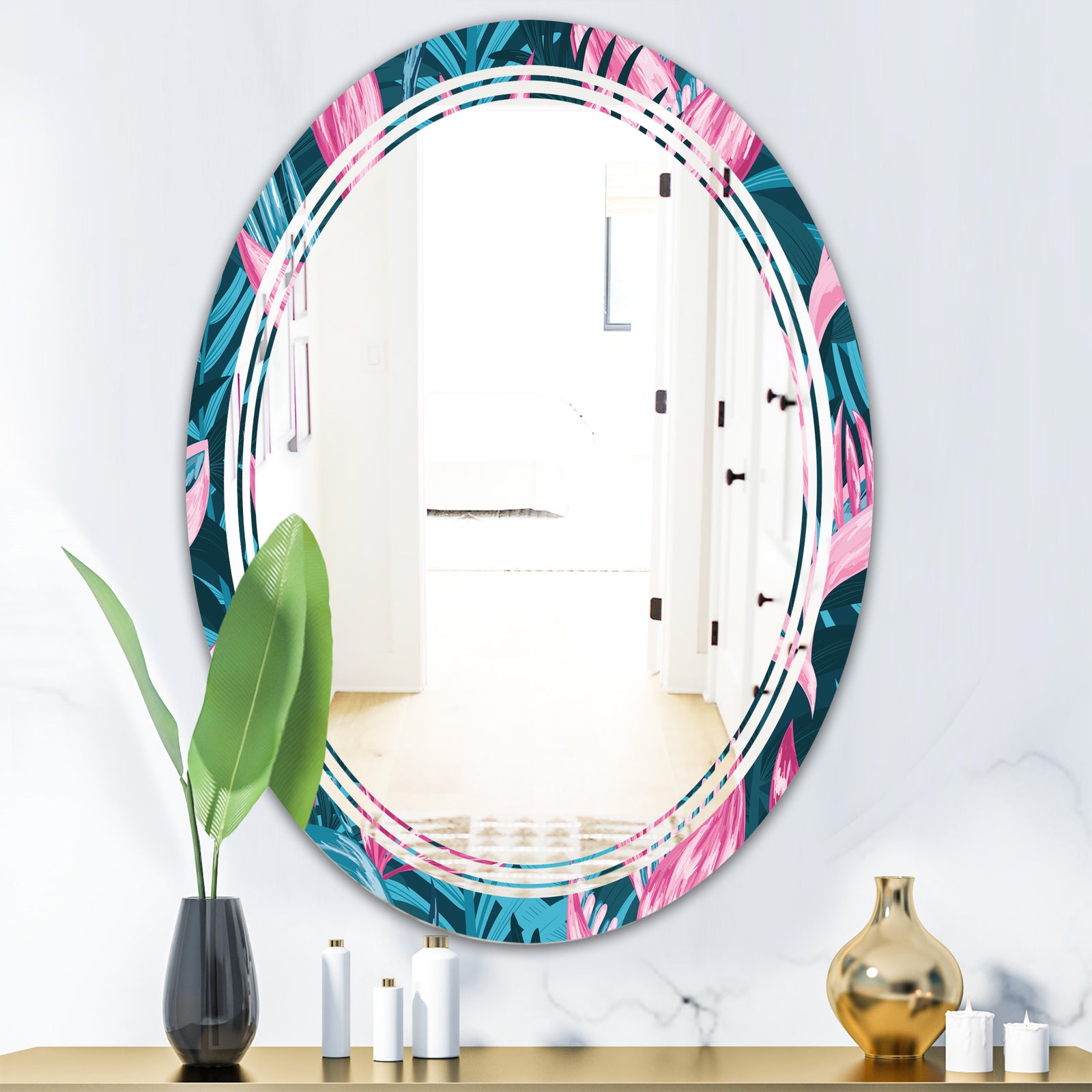 Handdrawn Tropical Flowers - Modern Round or Oval Wall Mirror - Triple C